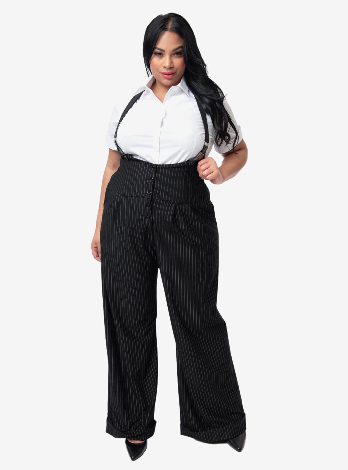 Unique Vintage Plus Size 1930s Black and White Pin Stripe Thelma Suspender Pants, BLACK, alternate