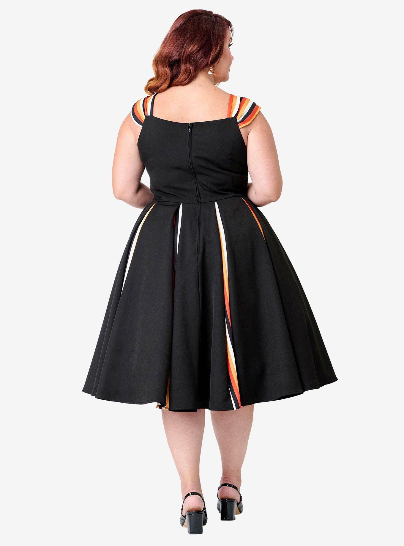 Unique Vintage Plus Size Black Halloween Stripe Swing Dress W/Godets, , hi-res