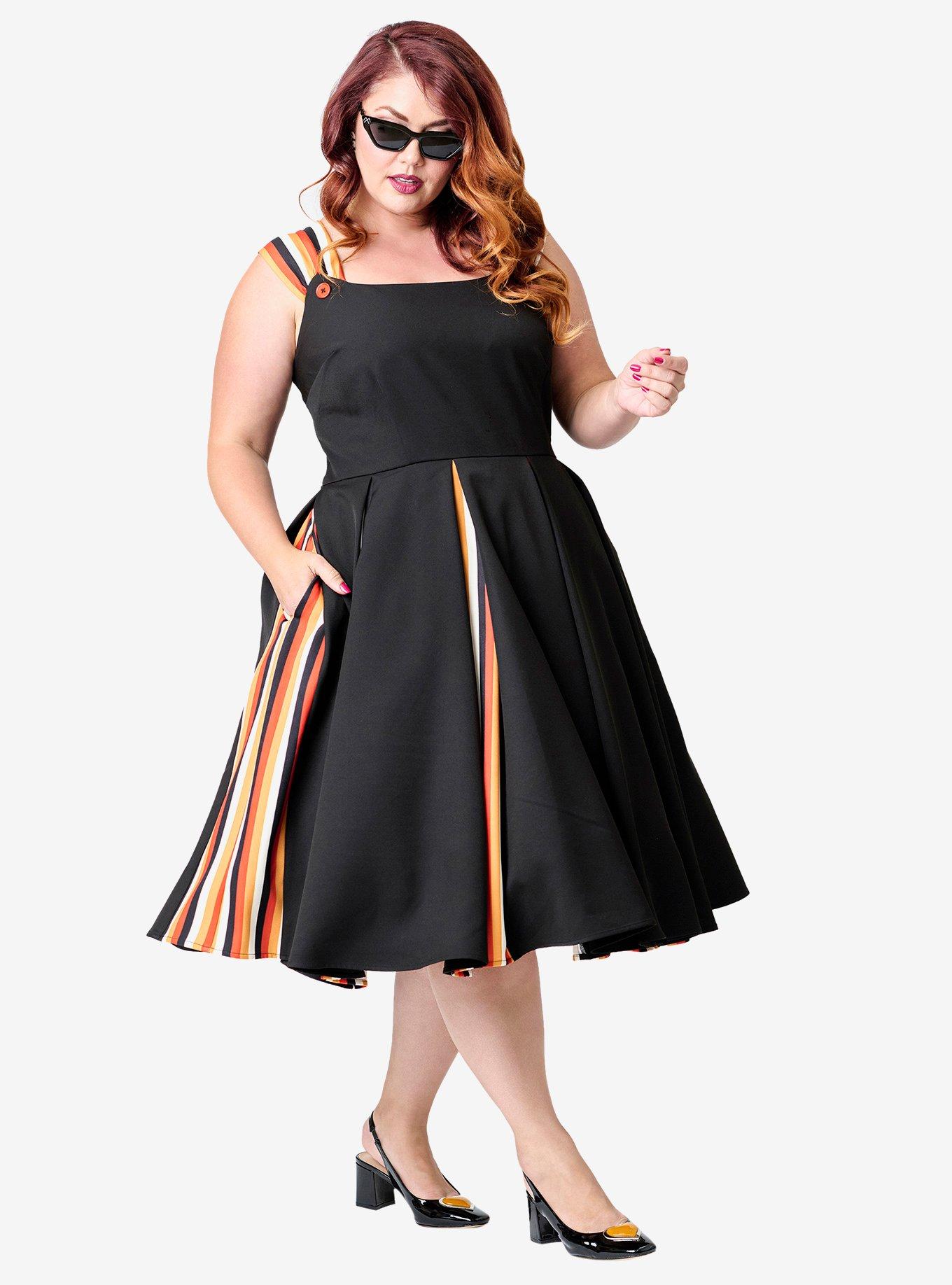 Unique Vintage Plus Size Black Halloween Stripe Swing Dress W/Godets, BLACK, alternate