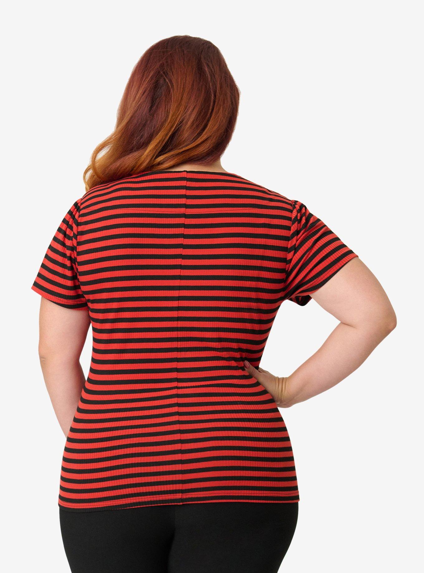 Unique Vintage Plus Size Orange and Black Texture Pentagon Shape Collar Short Sleeve Knit Top, , hi-res