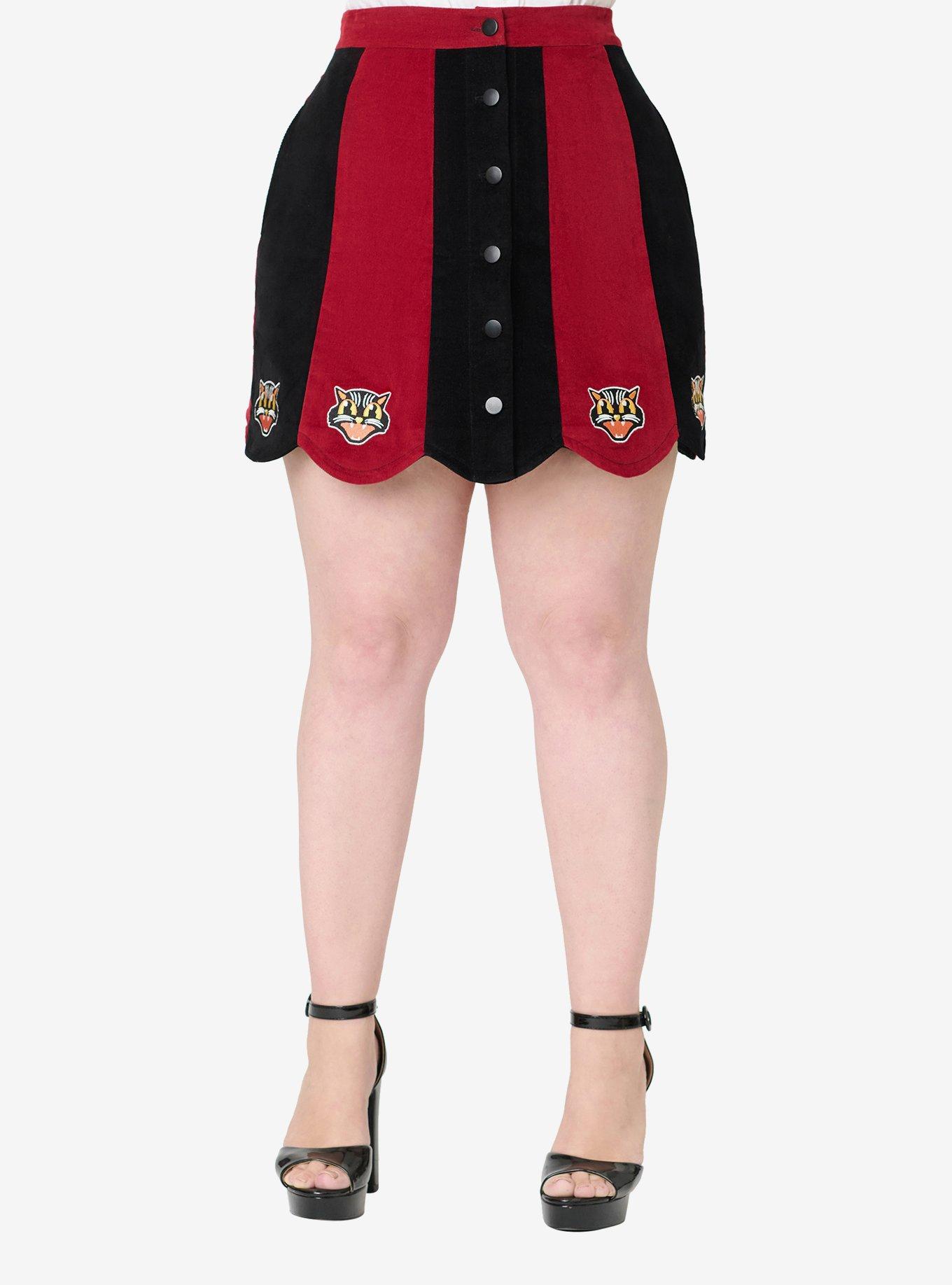Smak Parlour Burgundy and Black Stripe Spooky Cat Corduroy Mini Skirt, , hi-res
