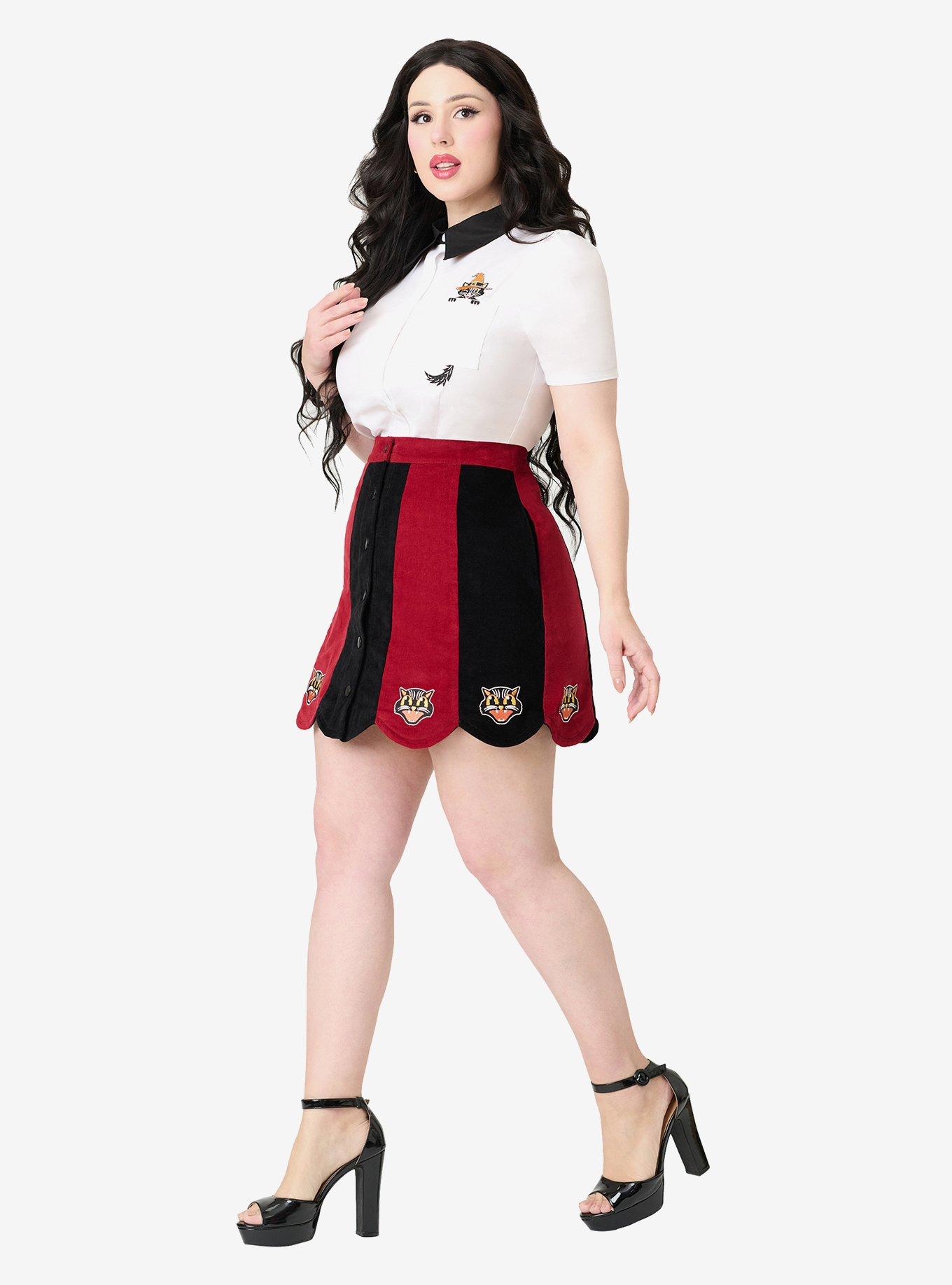 Smak Parlour Burgundy and Black Stripe Spooky Cat Corduroy Mini Skirt, BLACK STRIPE, alternate