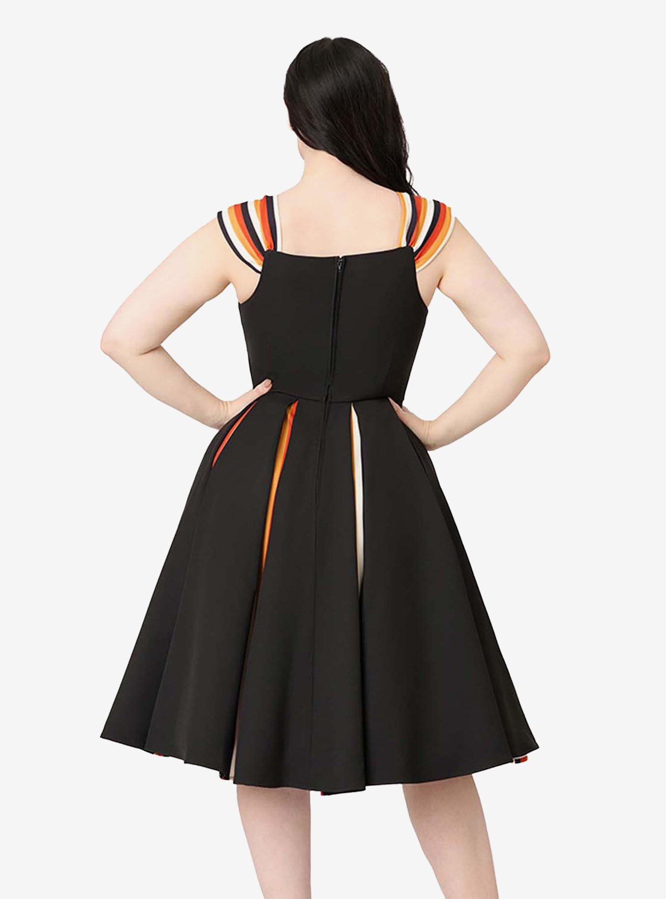 Unique Vintage Black Halloween Stripe Swing Dress W/Godets, , hi-res