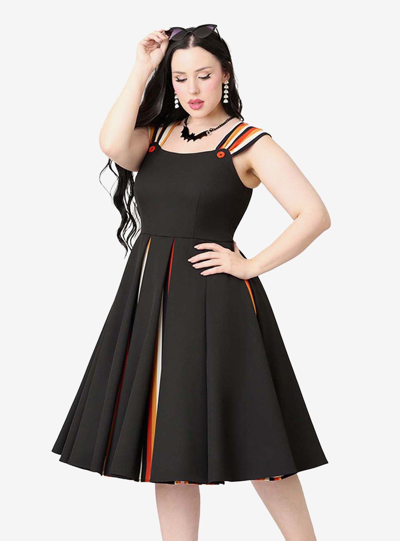 Unique Vintage Black Halloween Stripe Swing Dress W/Godets, BLACK, alternate