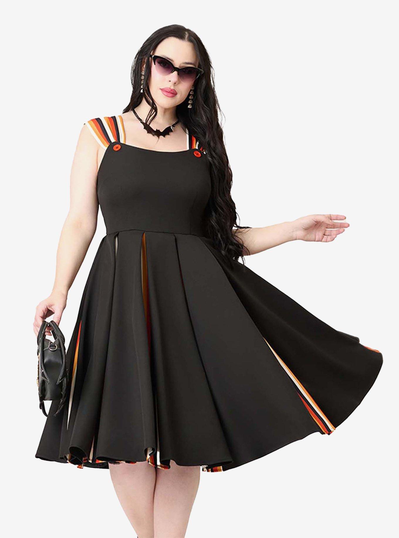 Unique Vintage Black Halloween Stripe Swing Dress W/Godets, BLACK, alternate