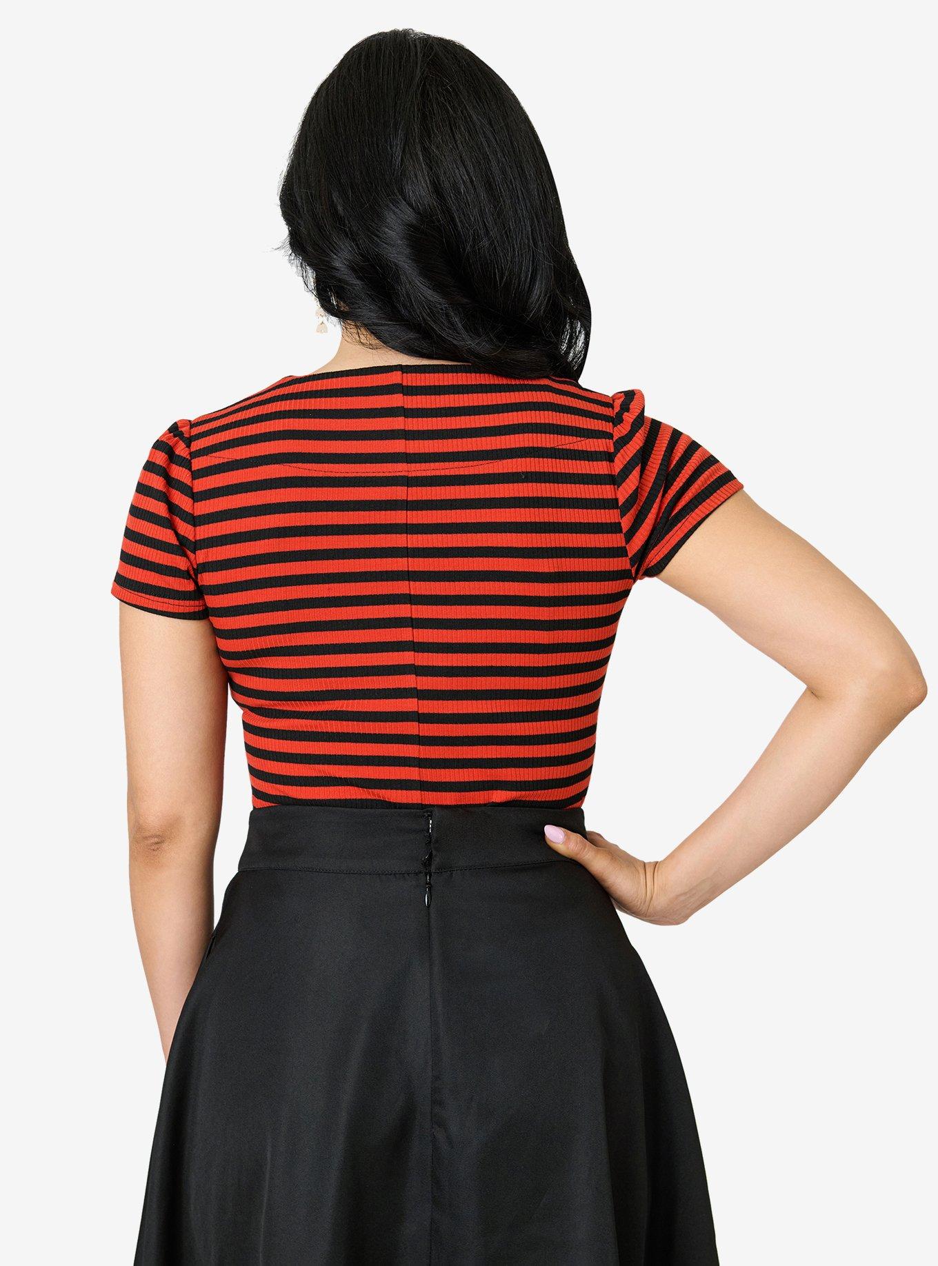 Unique Vintage Orange/Black Texture Pentagon Shape Collar Short Sleeve Knit Top, , hi-res