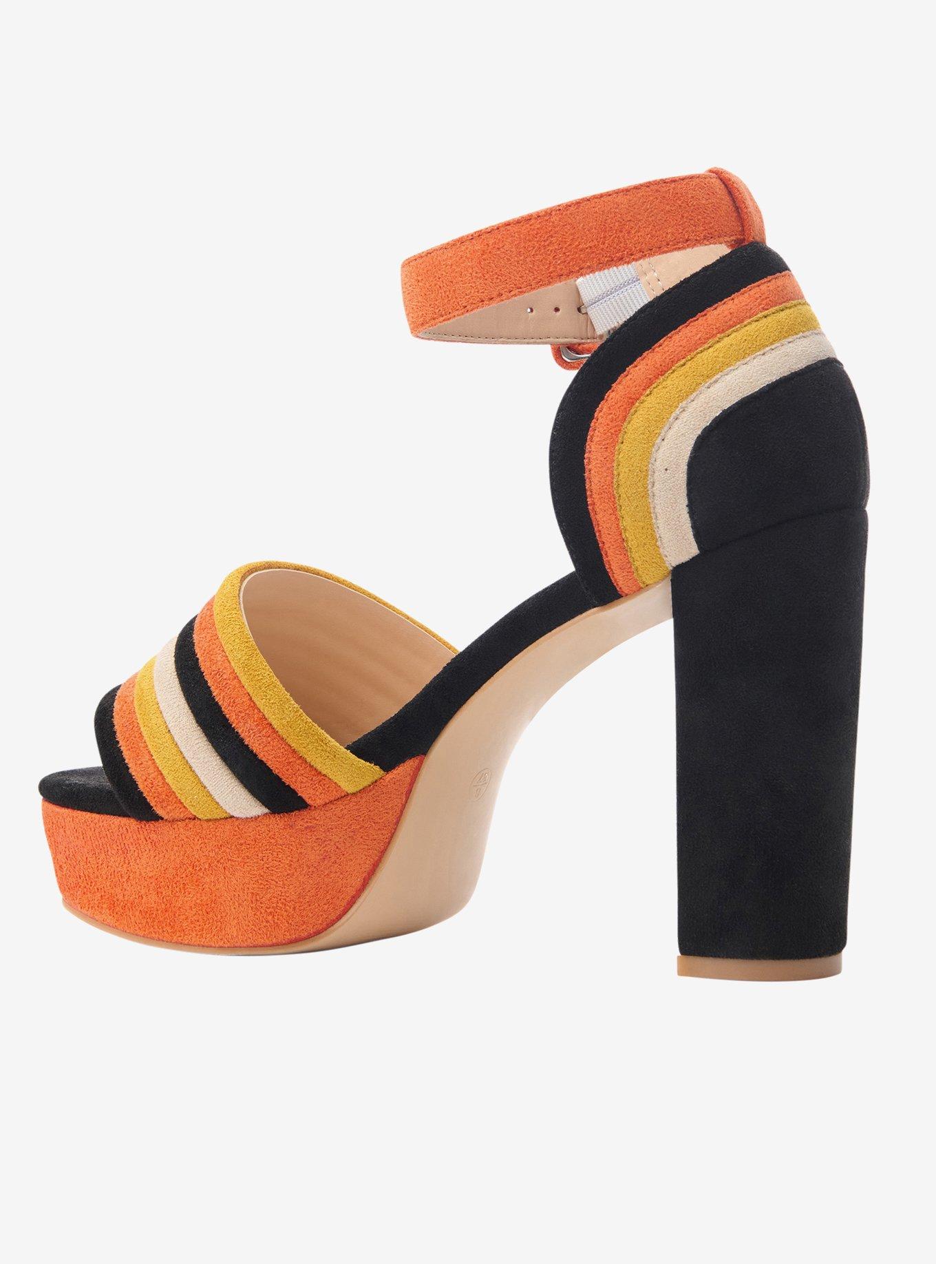 Unique Vintage Candy Corn Stripe Suede Peep Toe Pumps, ORANGE, alternate