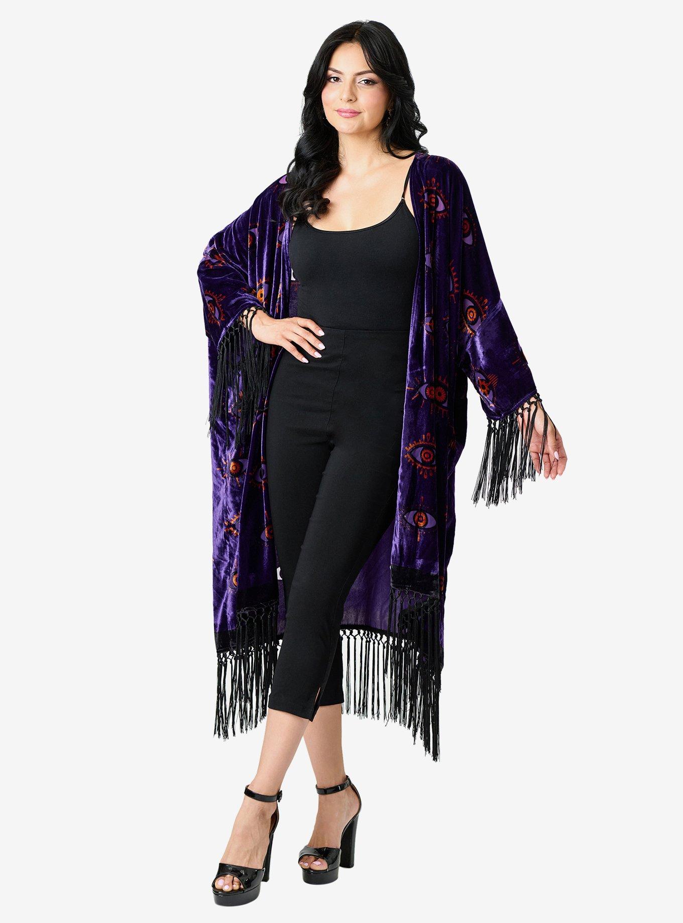 Unique Vintage Evil Eye Burnout Fringe Kimono Duster, , hi-res