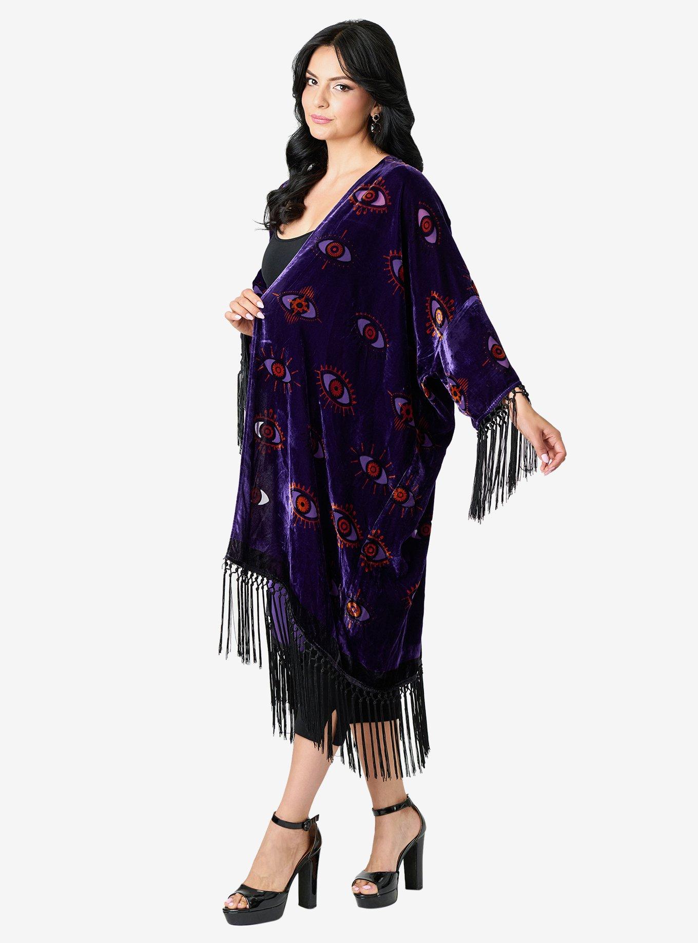 Unique Vintage Evil Eye Burnout Fringe Kimono Duster, , alternate