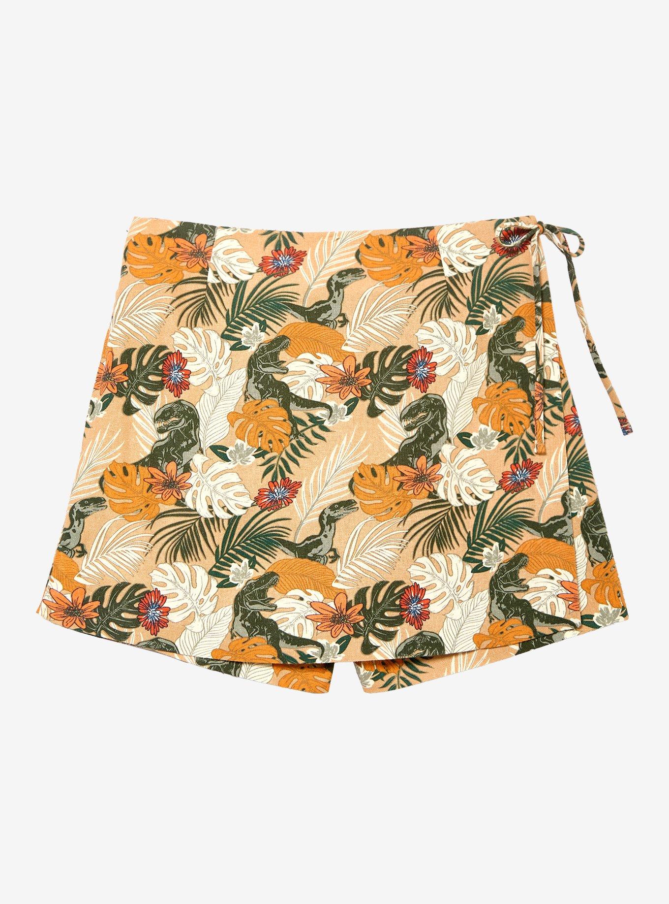 Jurassic Park Dinosaur Foliage Allover Print Linen Skort Plus Size, , hi-res