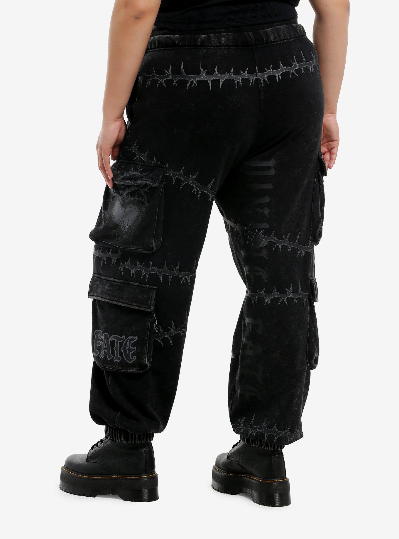 Barbed Wire Skull Icons Dark Wash Jogger Sweatpants Plus Size, , hi-res