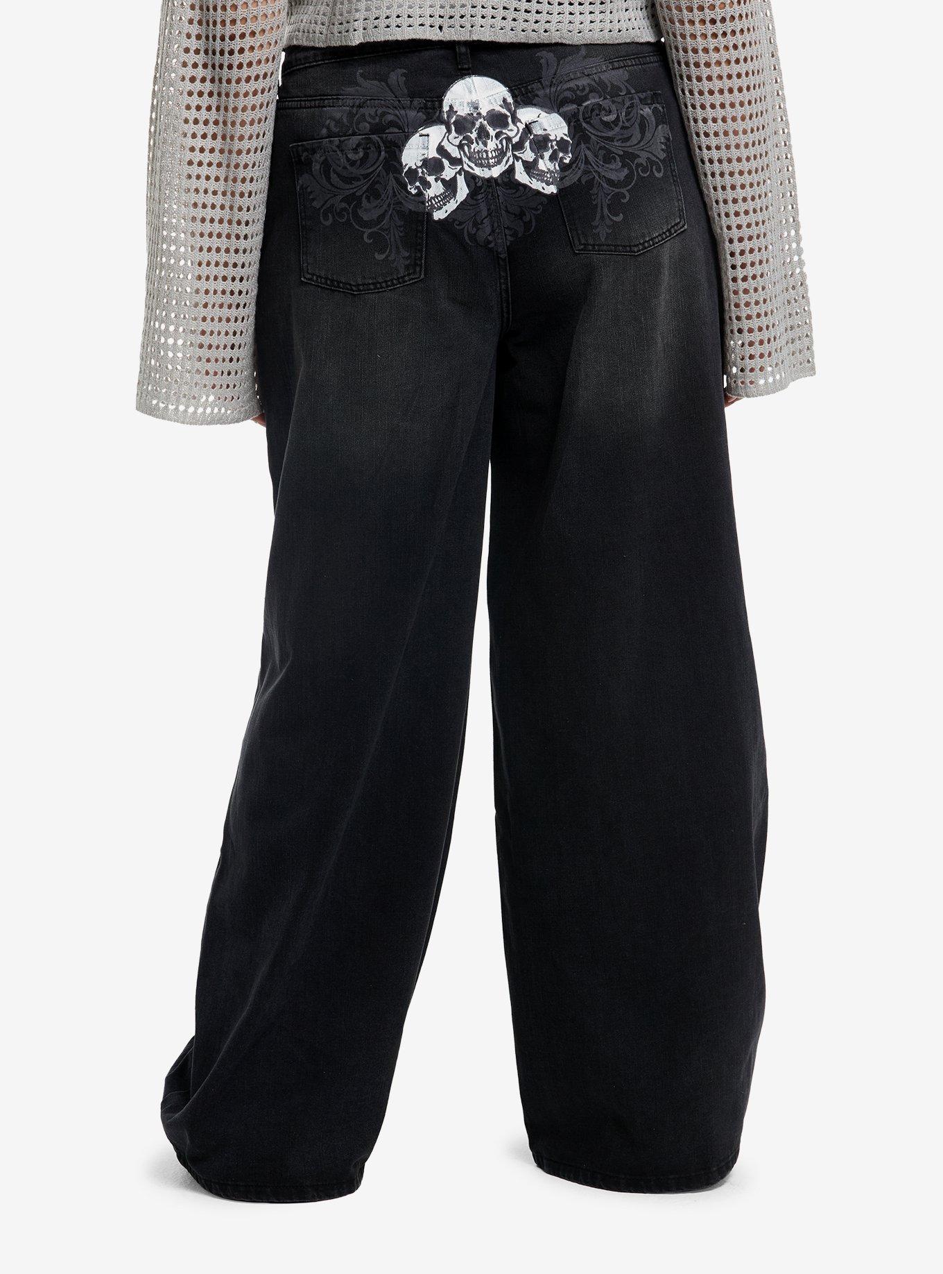 Social Collision Skulls & Filigree Girls Wide Leg Jeans Plus Size, , hi-res