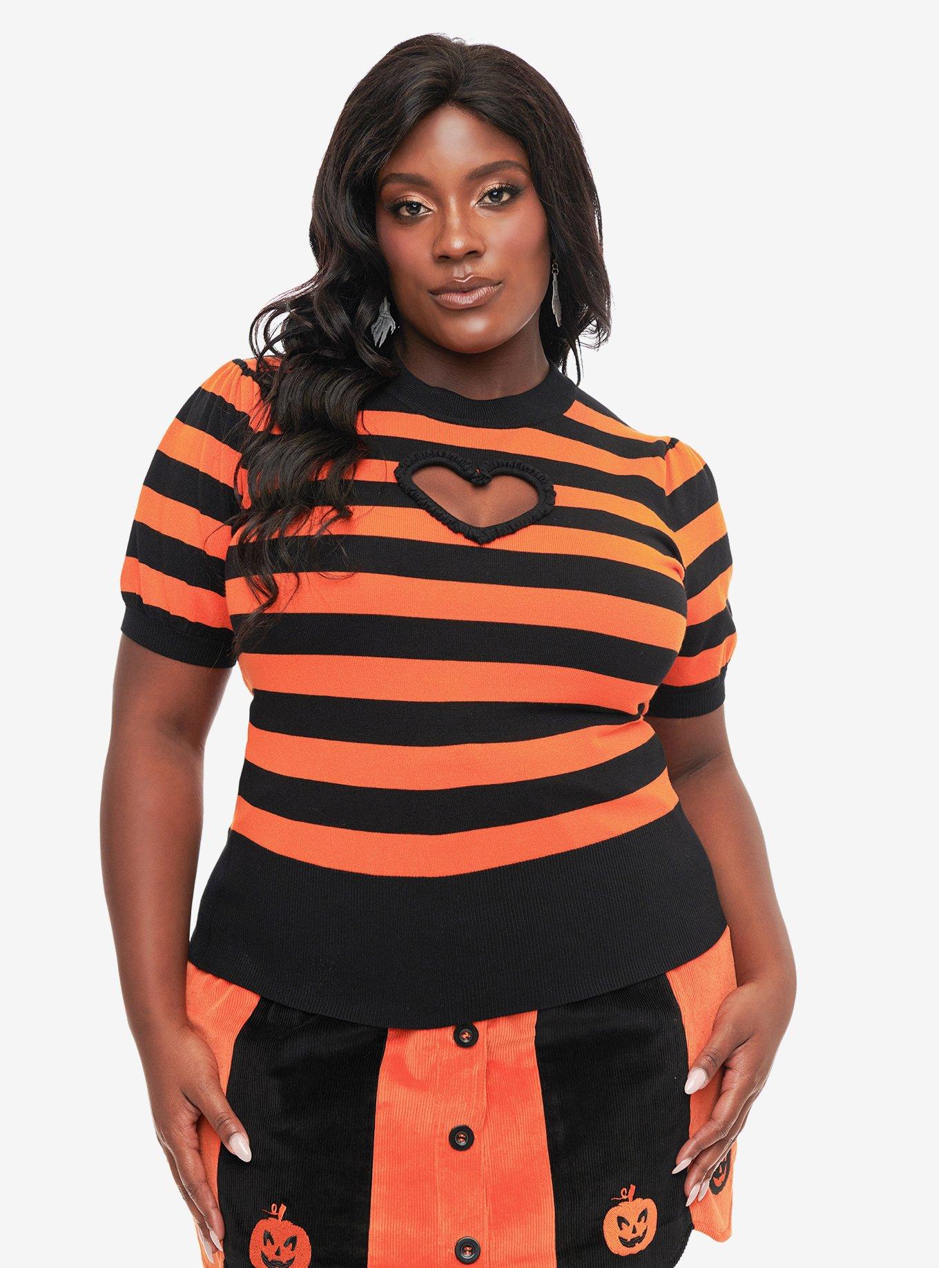 Smak Parlour Plus Size 1950s Black and Orange Stripe Heart Sweater, BLACK, alternate