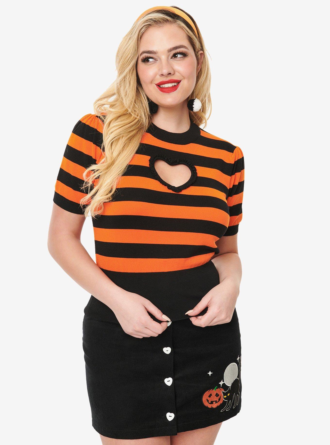 Smak Parlour 1950s Black and Orange Stripe Heart Sweater, , hi-res