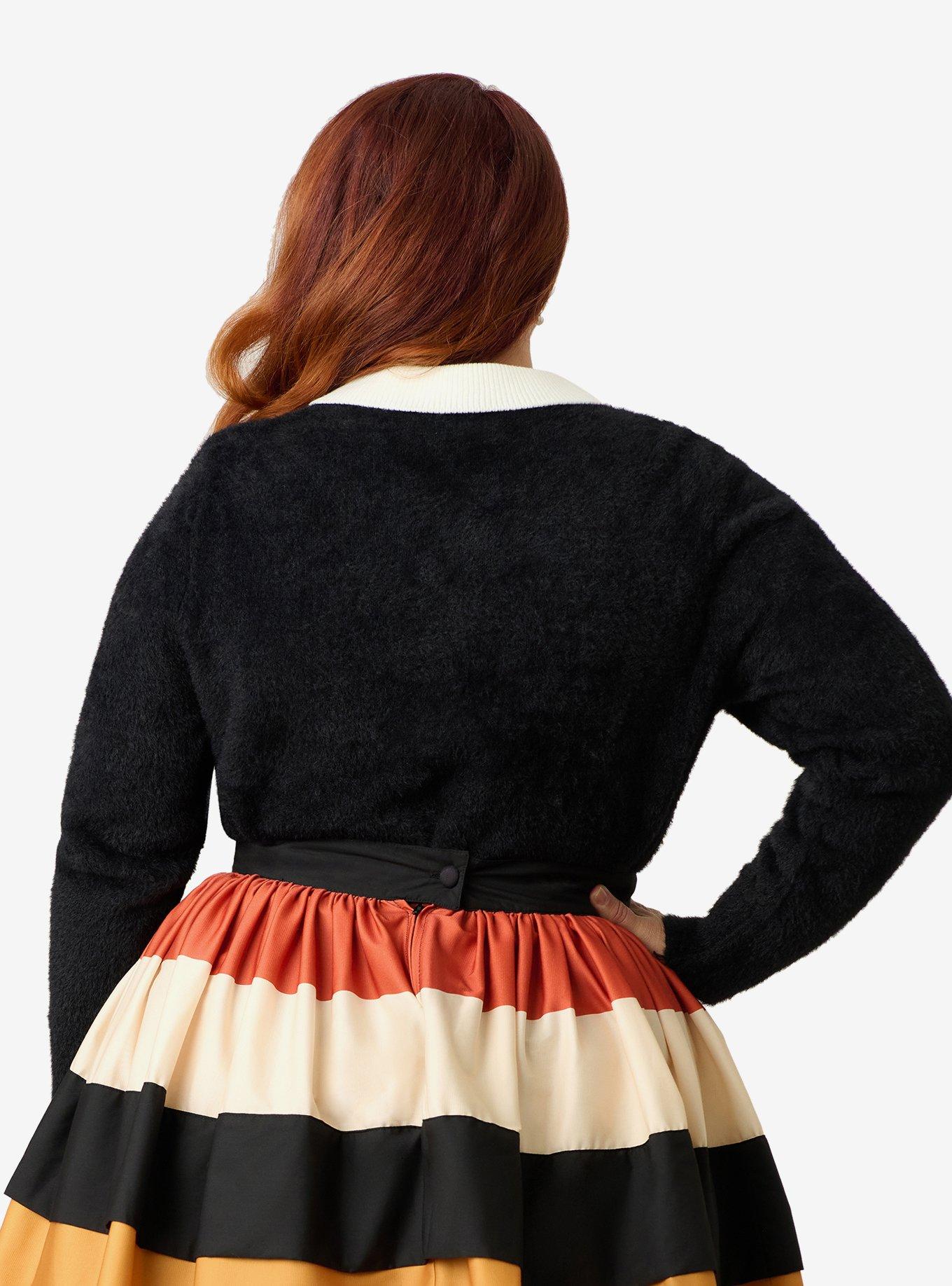 Unique Vintage Plus Size Black W/Spider Pin Cardigan Sweater with Contrast Collar, , hi-res