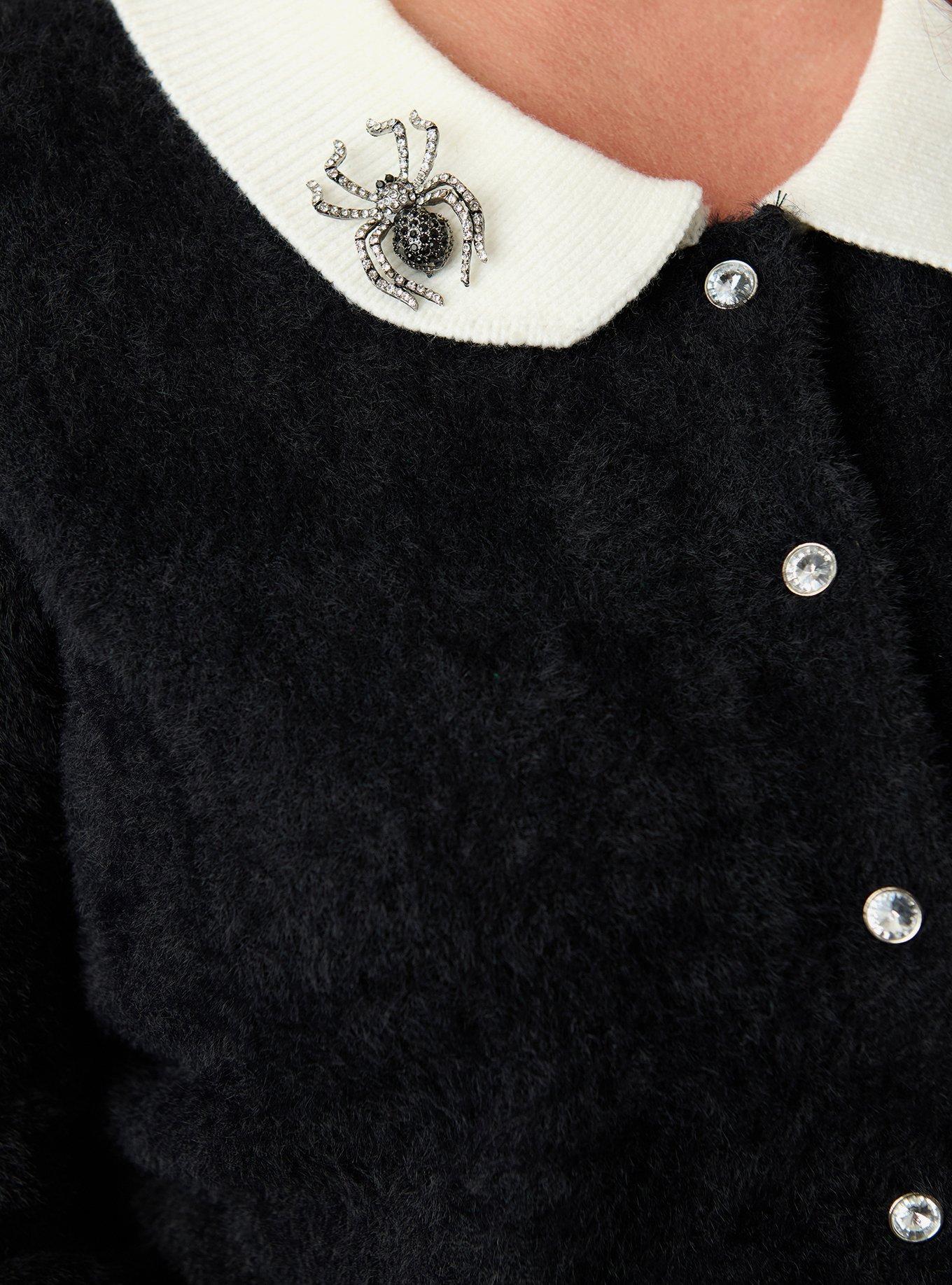 Unique Vintage Plus Size Black W/Spider Pin Cardigan Sweater with Contrast Collar, BLACK, alternate