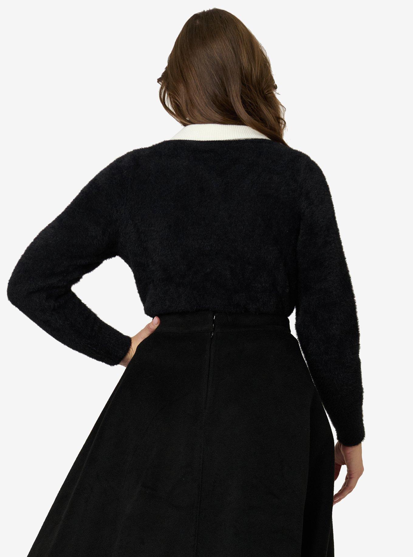 Unique Vintage Black W/Spider Pin Cardigan Sweater with Contrast Collar, , hi-res