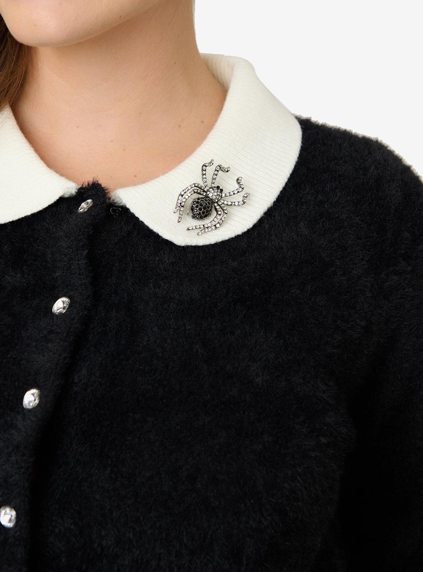 Unique Vintage Black W/Spider Pin Cardigan Sweater with Contrast Collar, BLACK, alternate