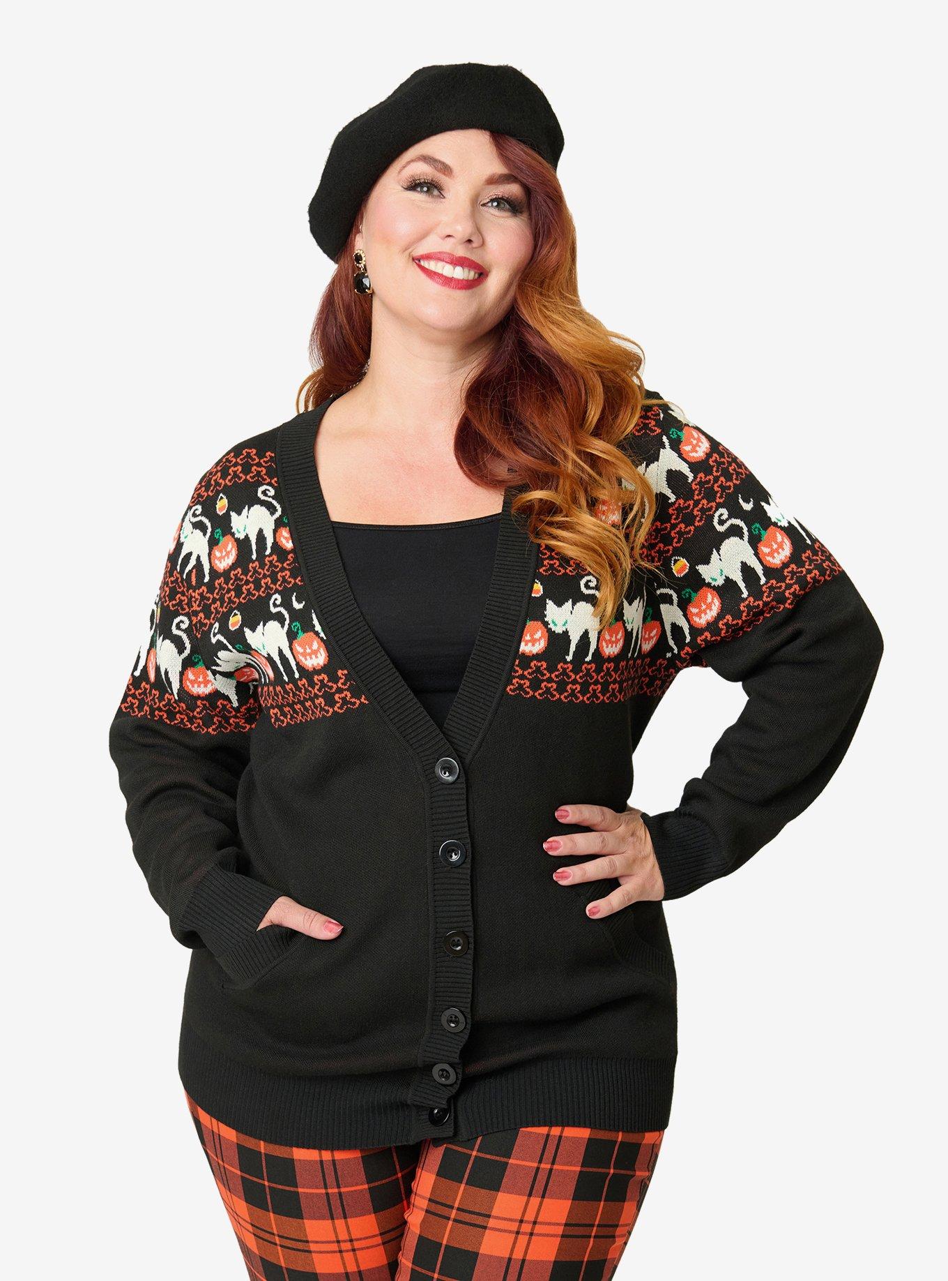 Unique Vintage Plus Size Halloween Cat Cardigan W/Set in Sleeve, BLACK, alternate