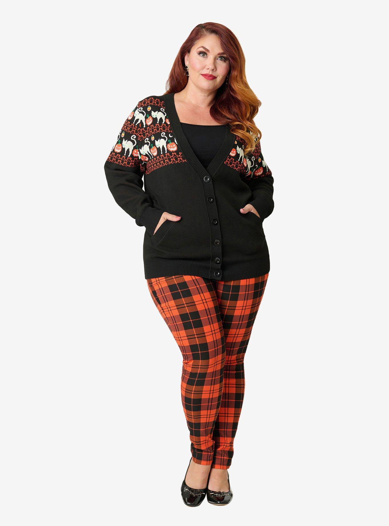 Unique Vintage Plus Size Halloween Cat Cardigan W/Set in Sleeve, BLACK, alternate