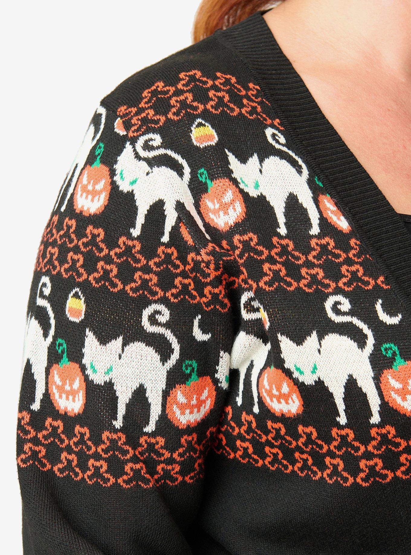 Unique Vintage Plus Size Halloween Cat Cardigan W/Set in Sleeve, BLACK, alternate