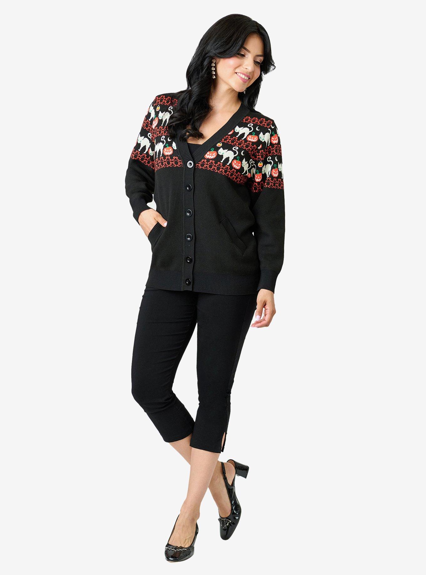Unique Vintage Halloween Cat Cardigan W/Set in Sleeve, BLACK, alternate