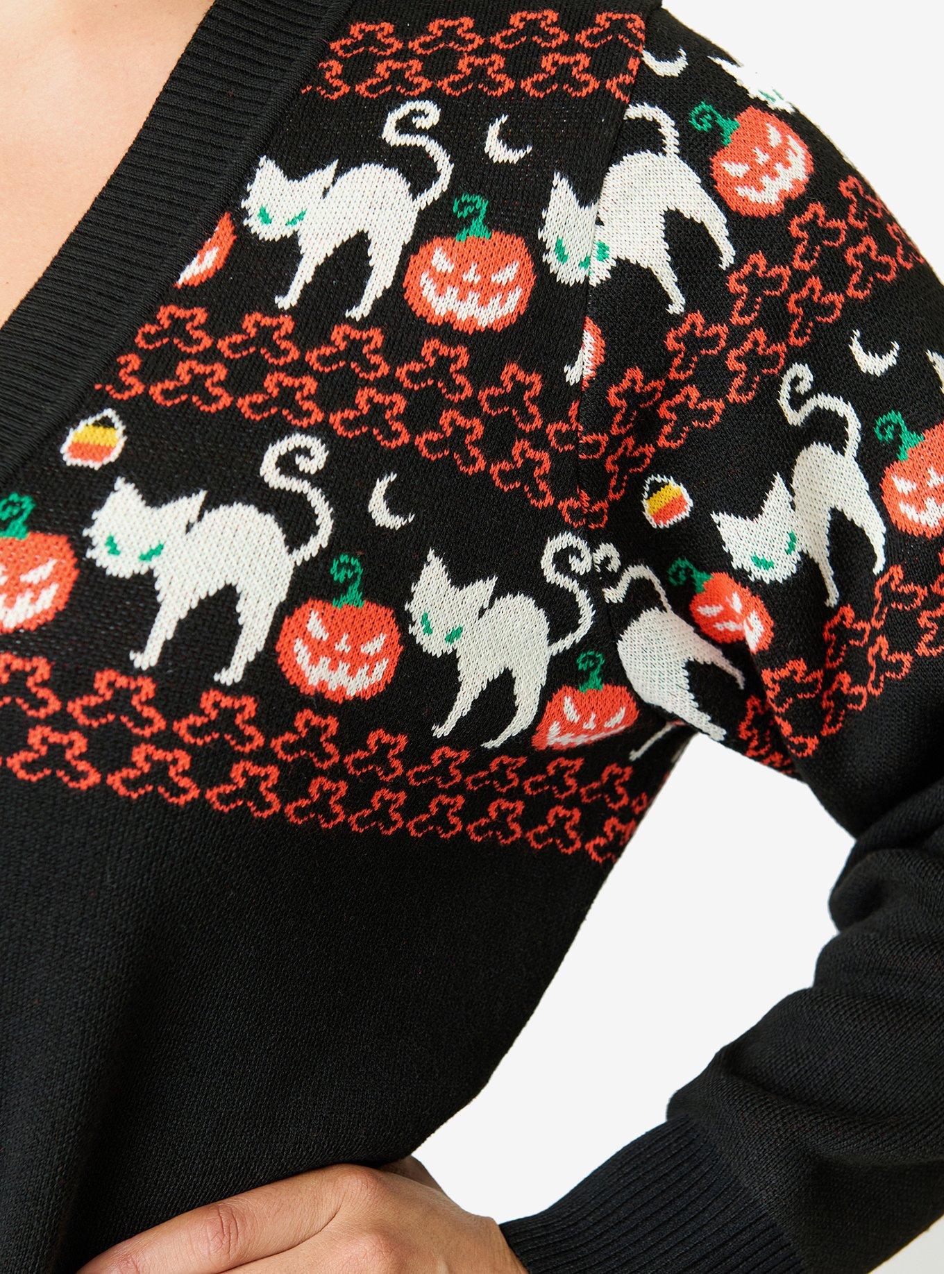 Unique Vintage Halloween Cat Cardigan W/Set in Sleeve, BLACK, alternate