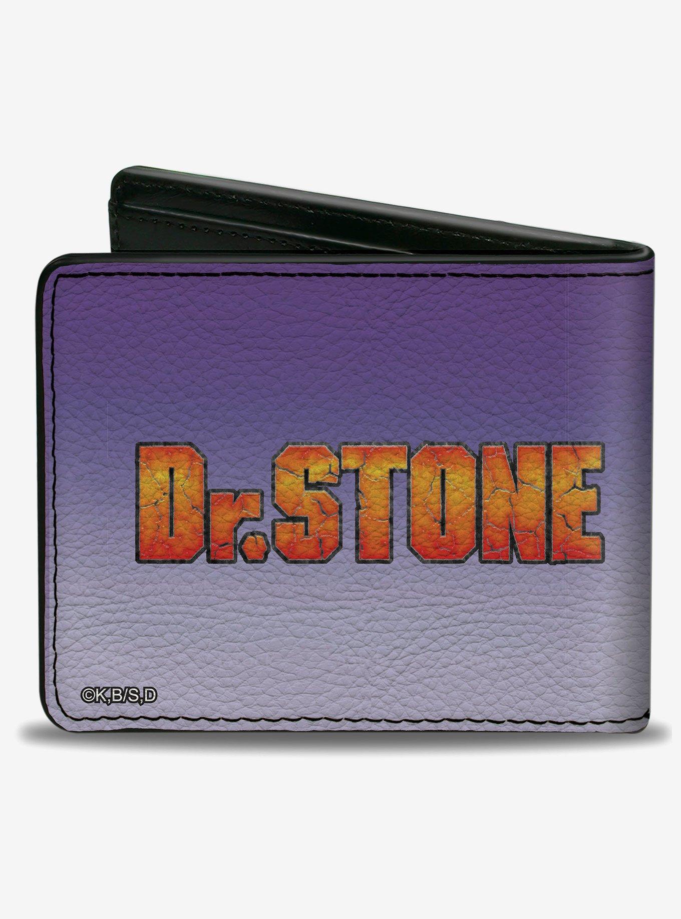 Dr. Stone Gen Asagiri Smiling Pose and Title Logo Purples Bifold Wallet, , hi-res