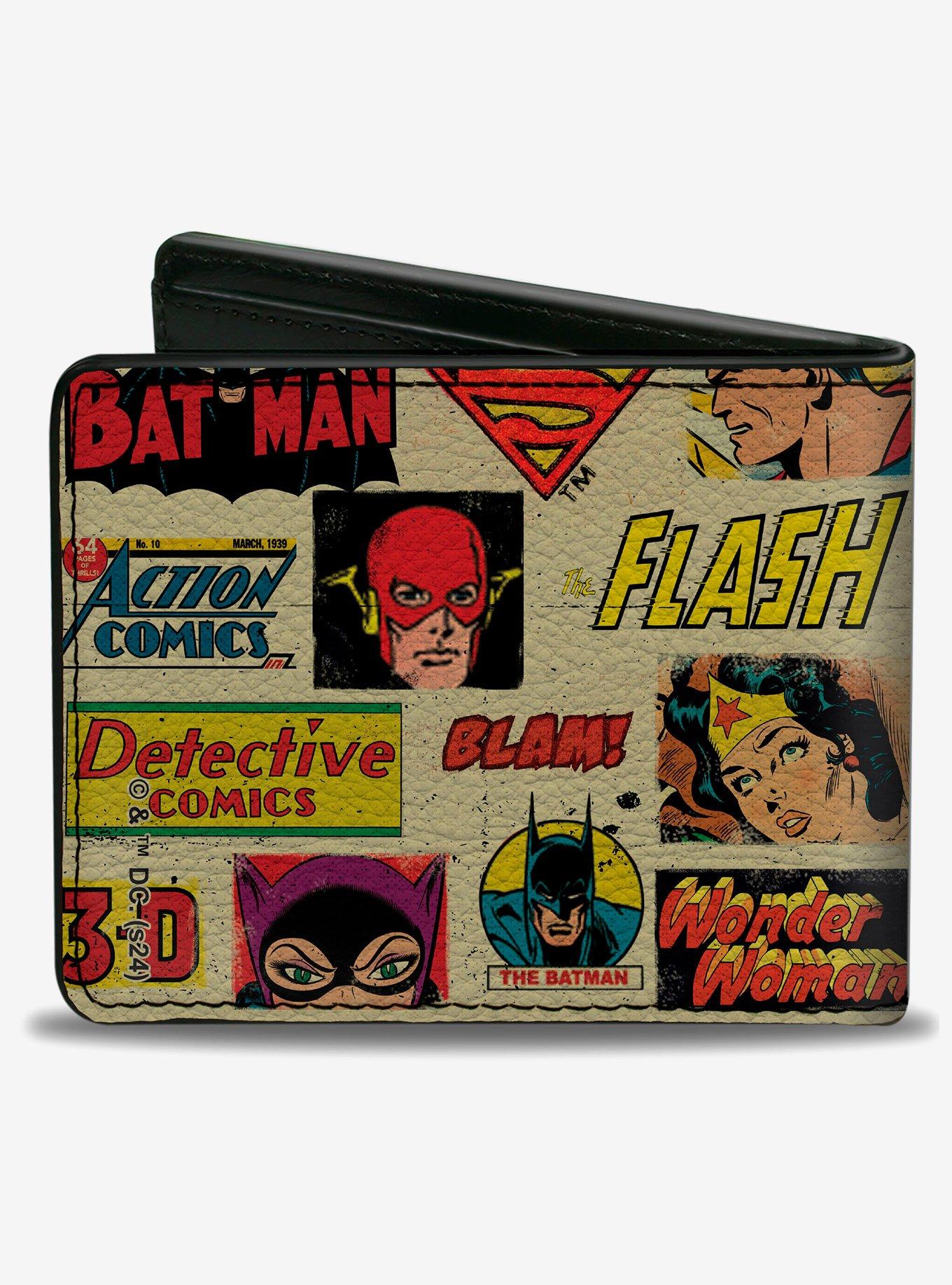 DC Comics DC Comics Justice League Retro Superhero Faces Logos Collage Bifold Wallet, , hi-res