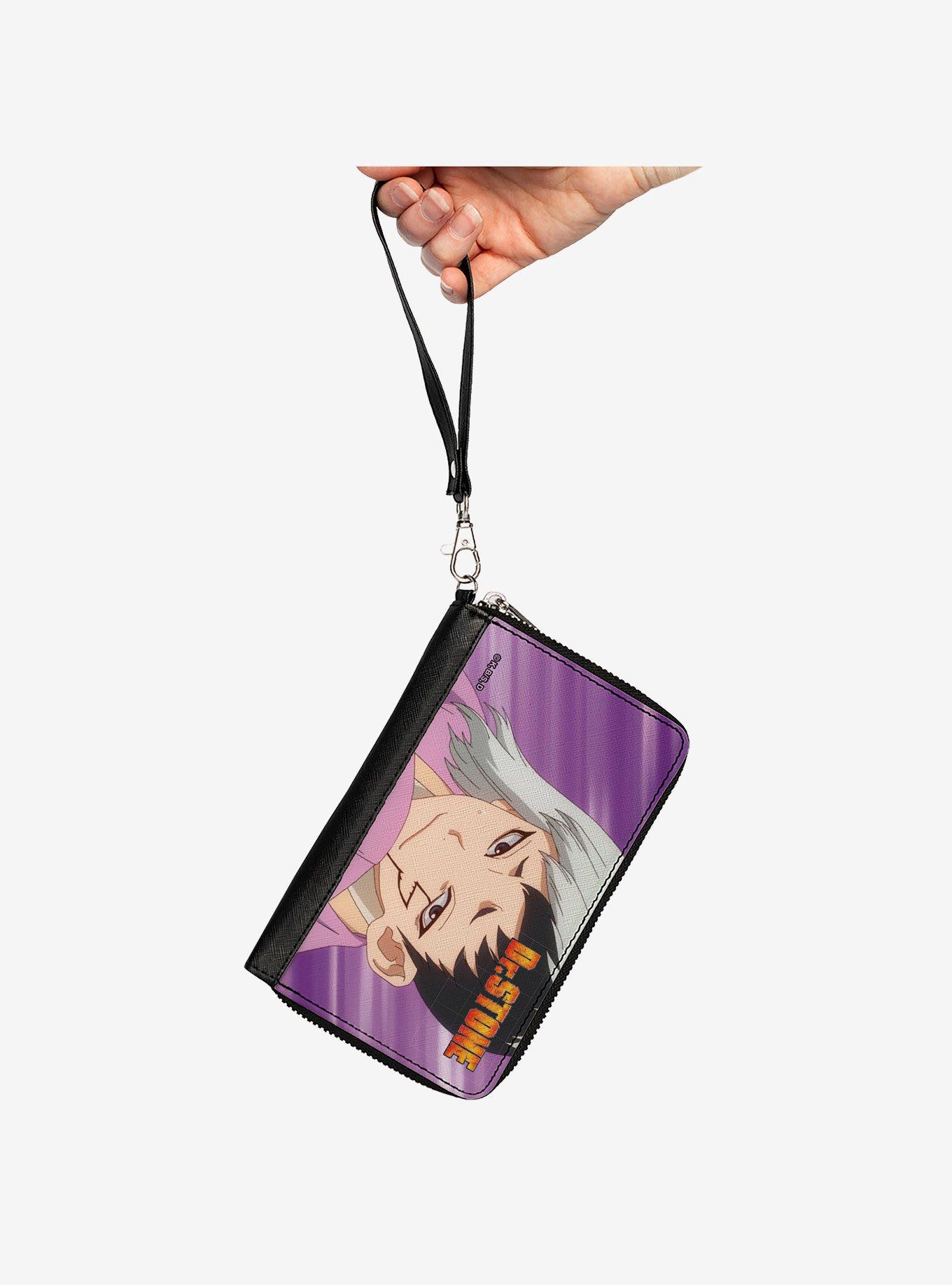 Dr. Stone Gen Asagiri Face and Title Logo Purples Zip Around Wallet, , hi-res