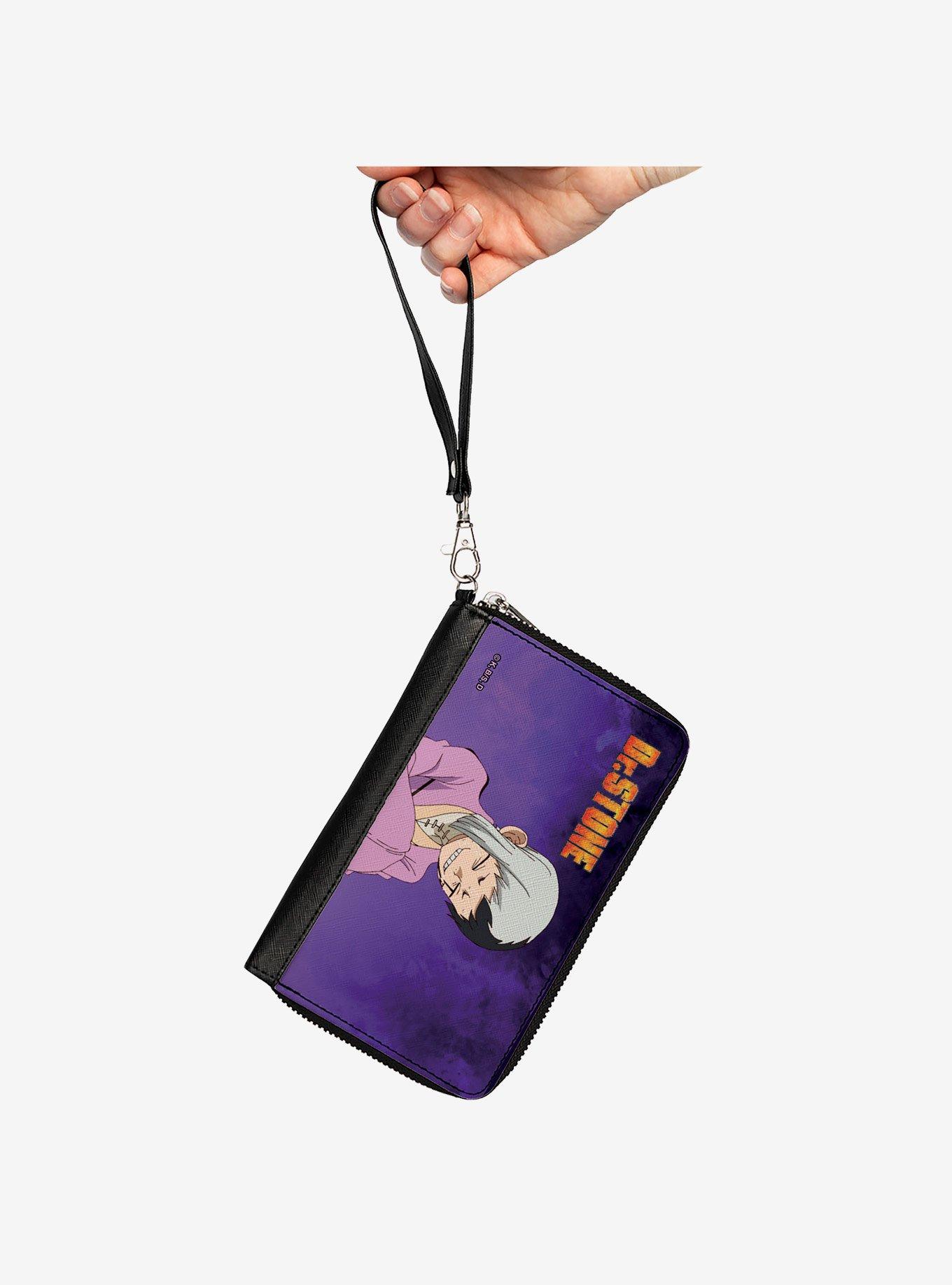 Dr. Stone Gen Asagiri Laughing Pose Title Logo Purples Zip Around Wallet, , hi-res