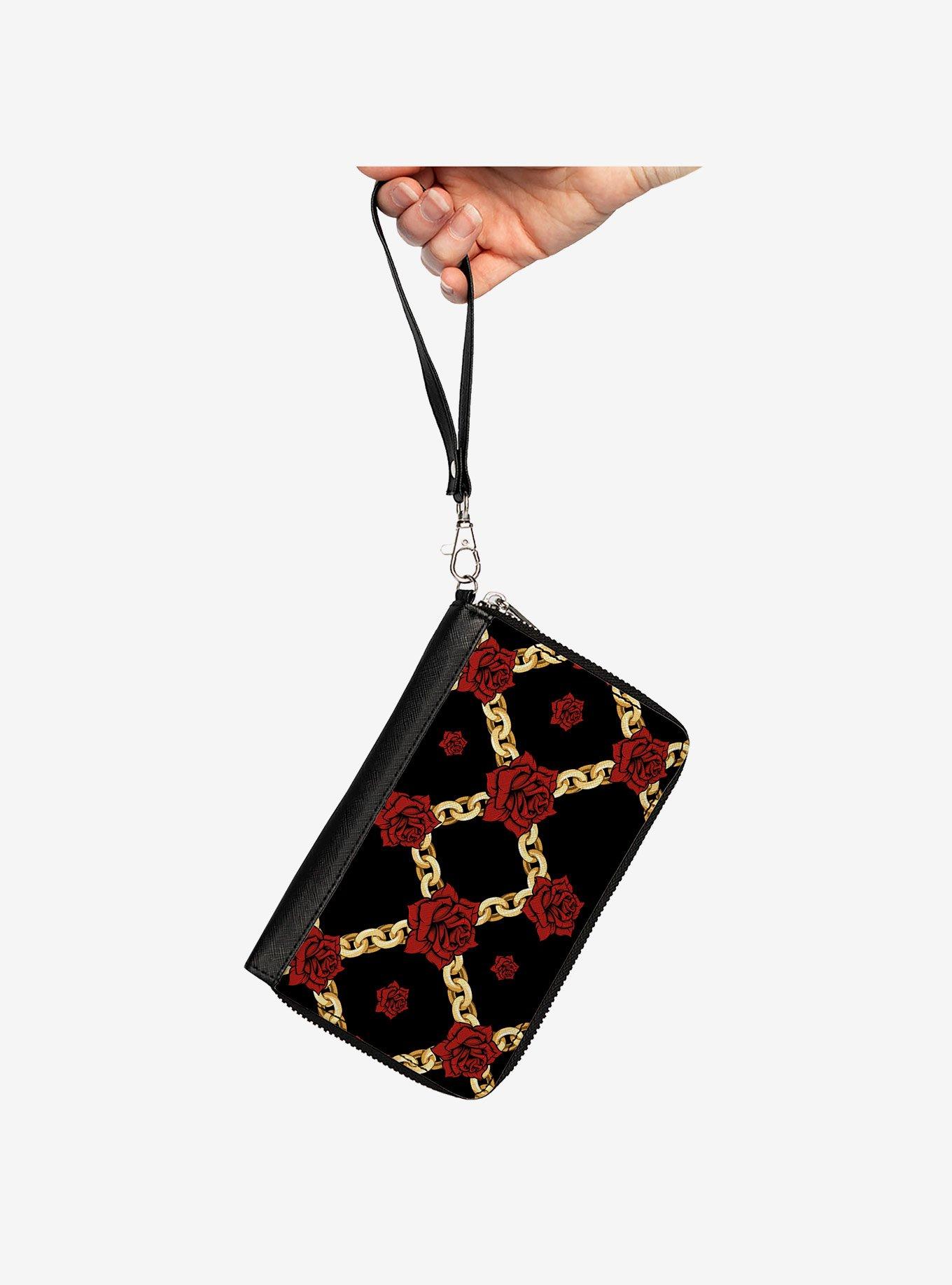 Red Roses and Gold Chain Zip Around Wallet, , hi-res