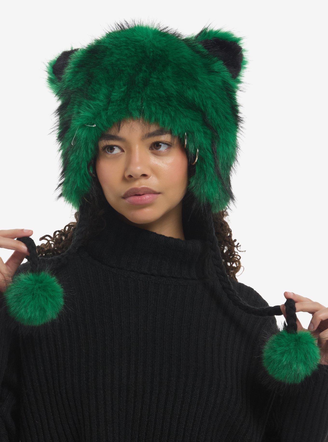 Green & Black Fuzzy Cat Ear Tassel Beanie, , hi-res