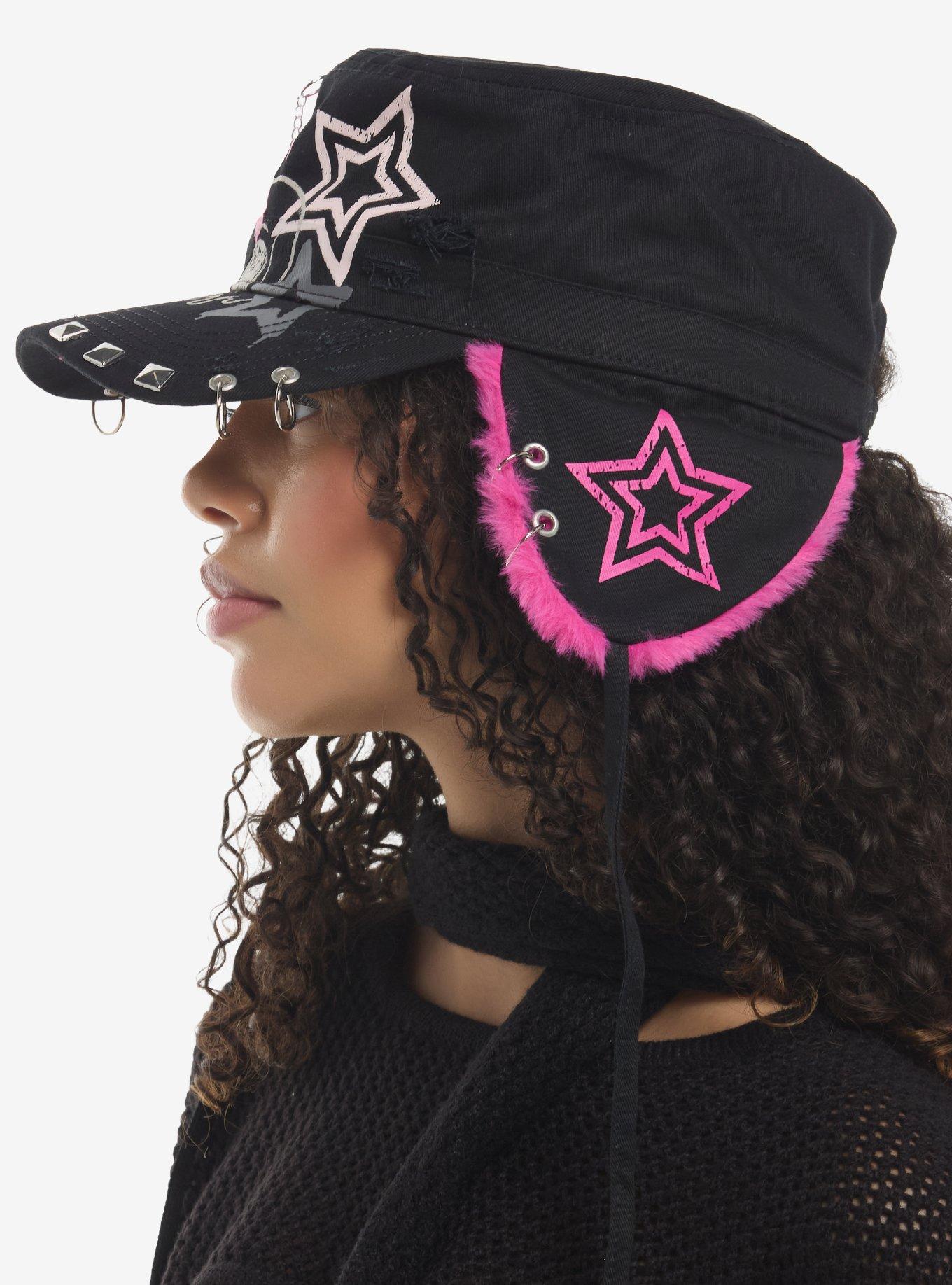 Pink Star Skull Chain Trapper Hat, , alternate
