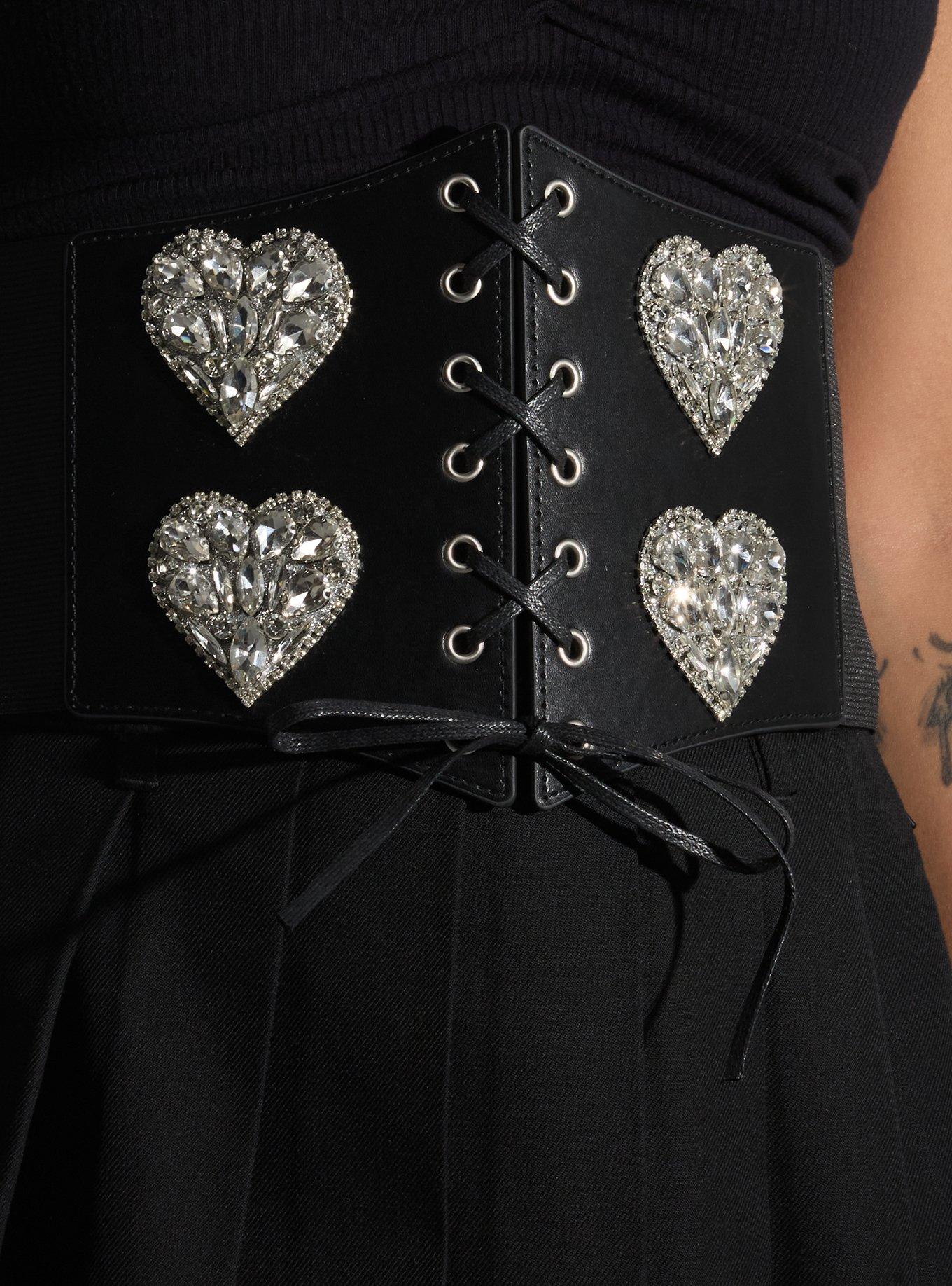 Black Rhinestone Heart Lace-Up Corset Belt, , hi-res