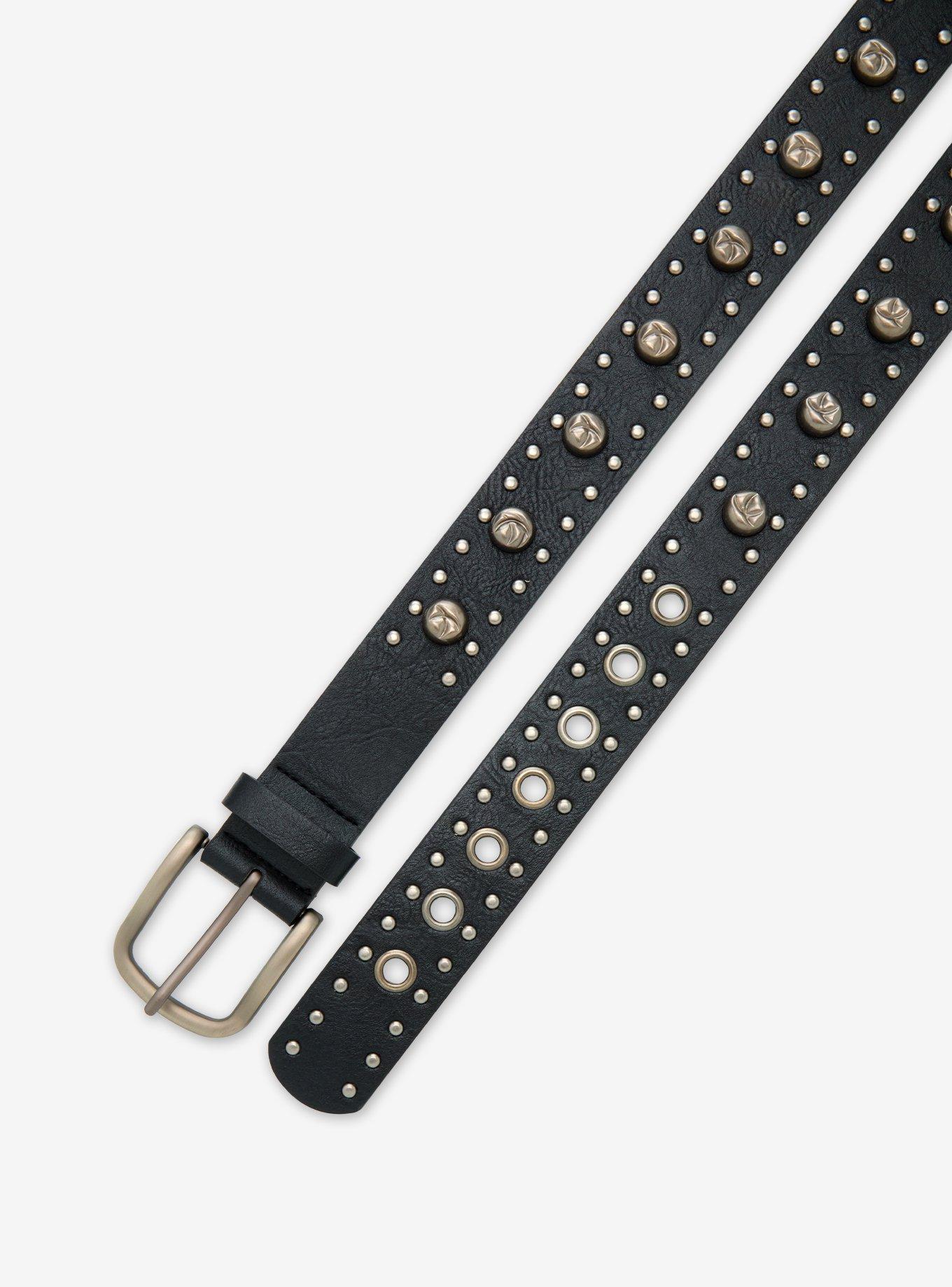 Black & Silver Grommet Dented Stud Belt, , hi-res