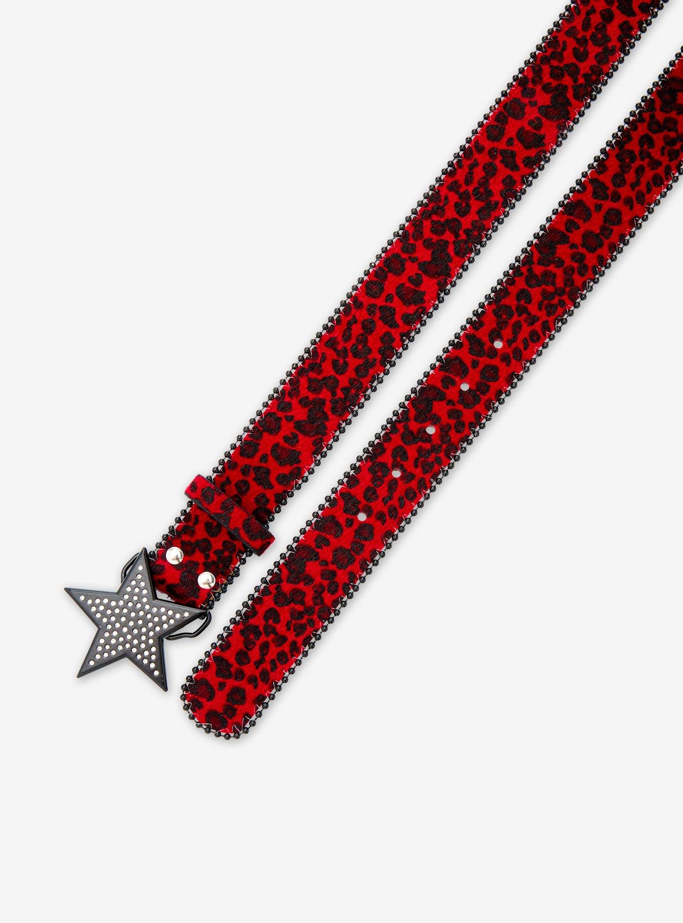 Red & Black Leopard Print Star Faux Fur Belt, , hi-res