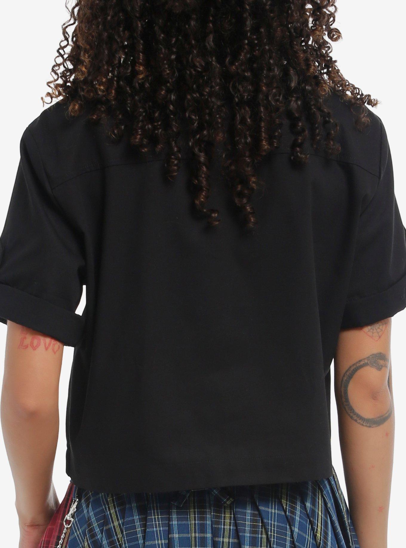 Social Collision Grommet Hardware Girls Crop Woven Button-Up, BLACK, alternate