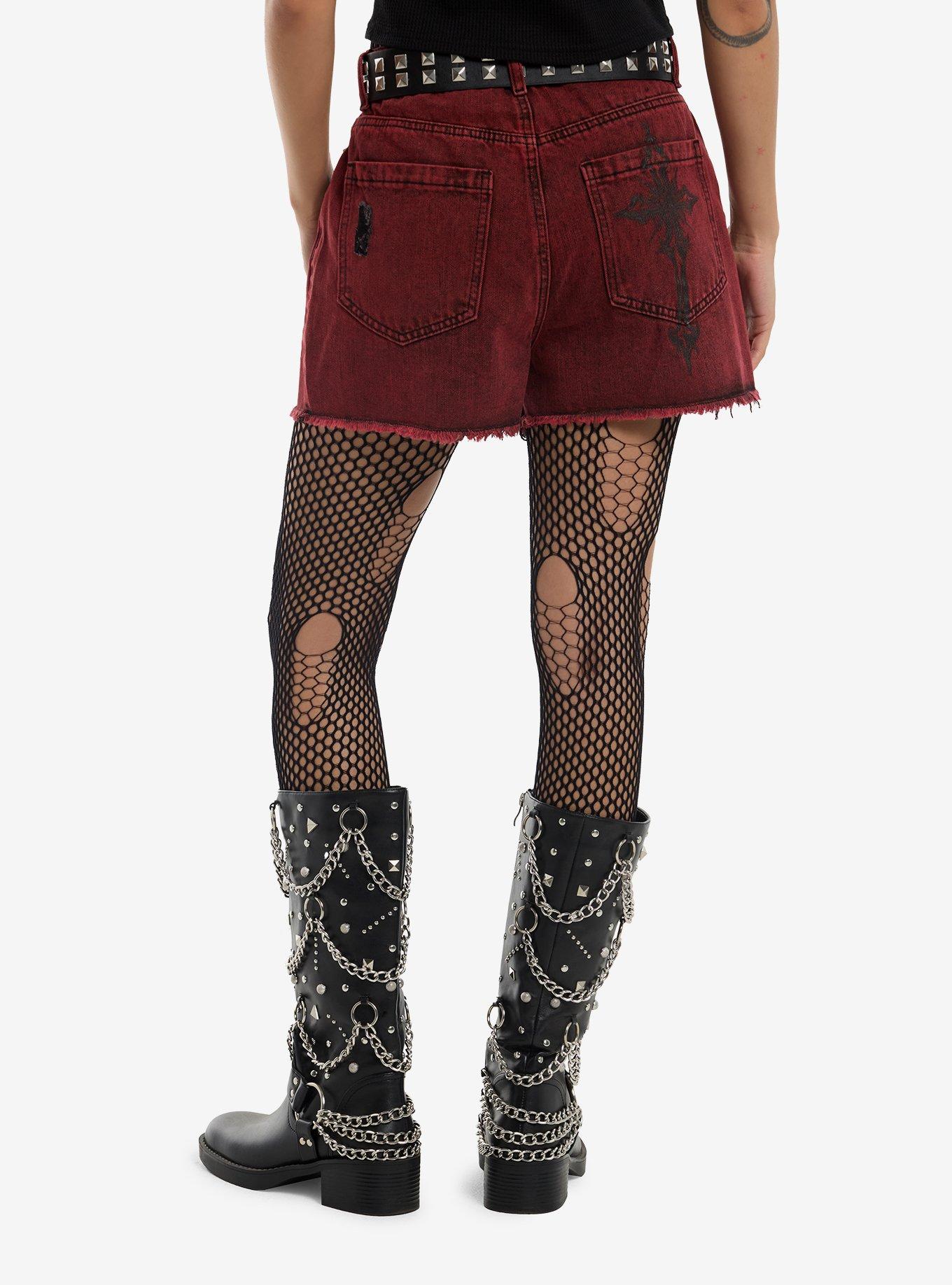 Social Collision Red Wash Pyramid Stud Shorts, , hi-res