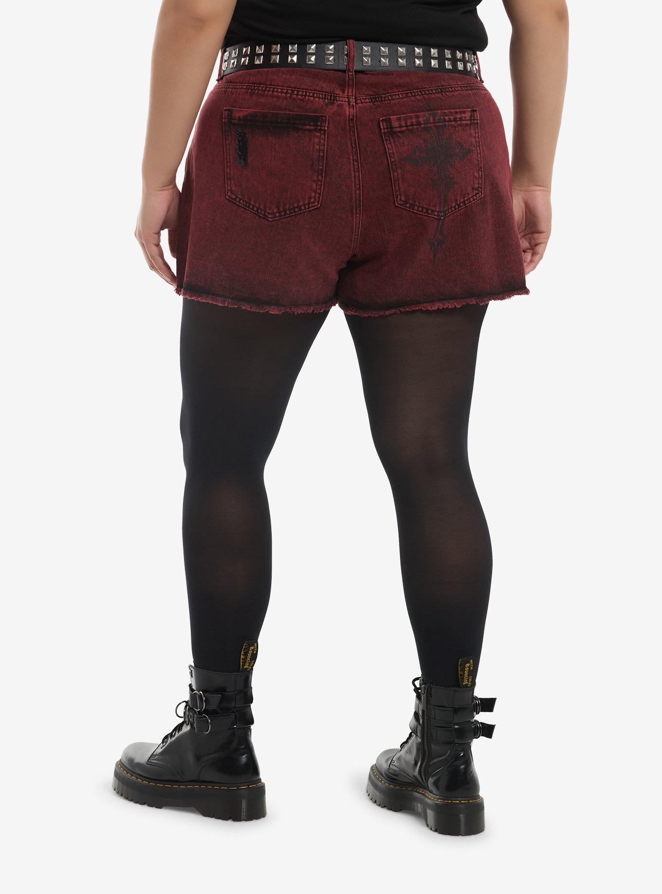 Social Collision Red Wash Pyramid Stud Girls Shorts Plus Size, , hi-res