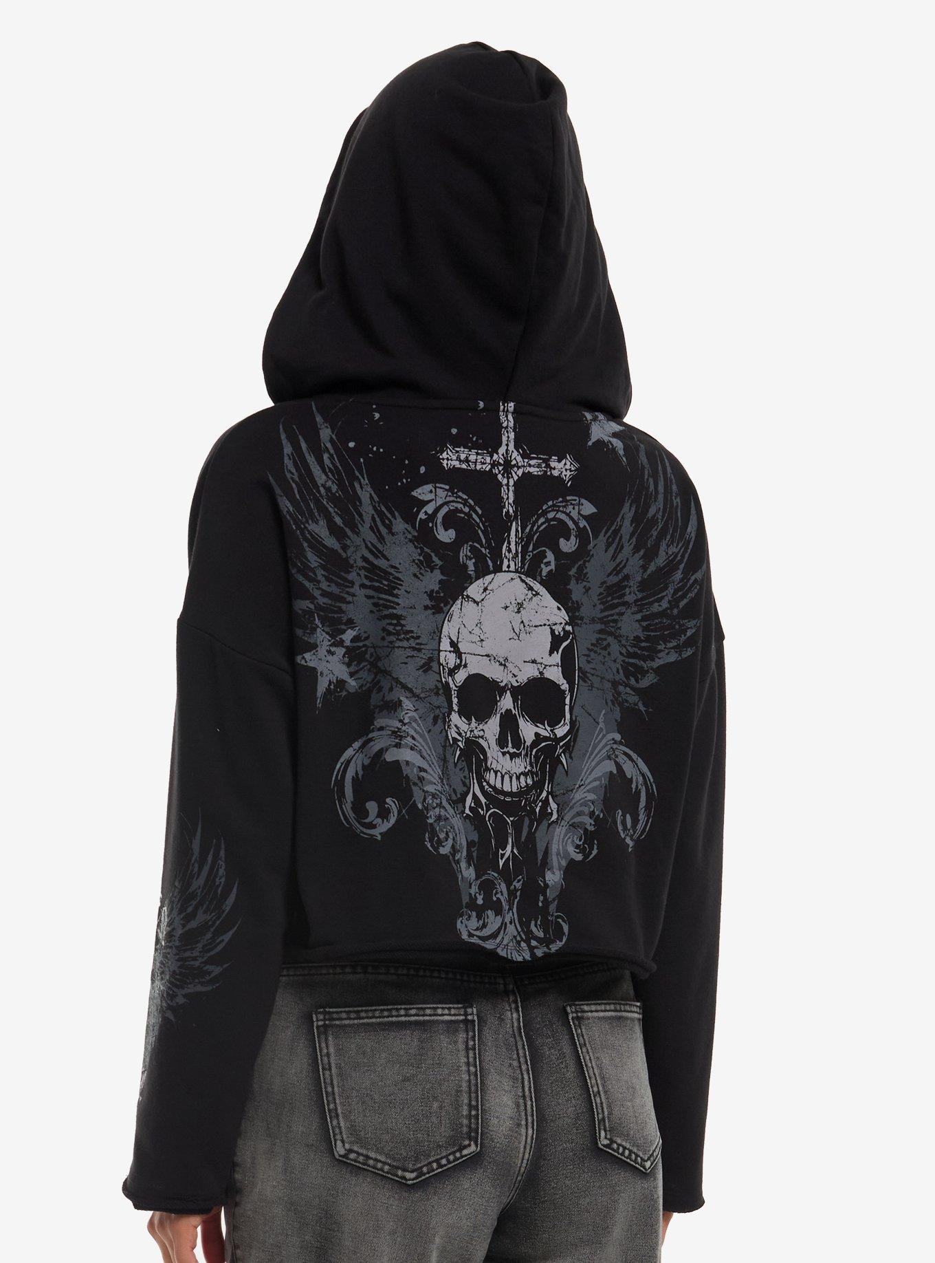Social Collision Winged Skull Girls Crop Hoodie, , hi-res