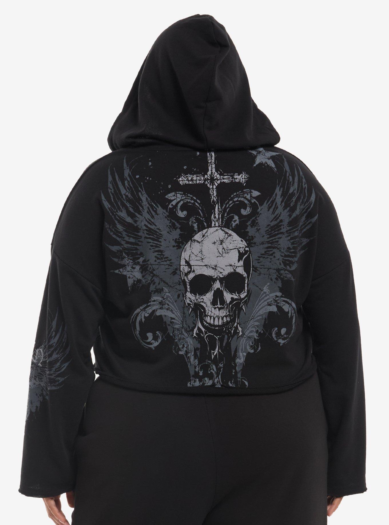 Social Collision Winged Skull Girls Crop Hoodie Plus Size, , hi-res