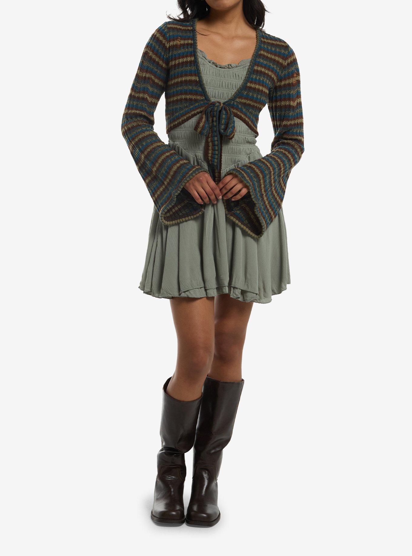 Thorn & Fable Green Blue & Brown Stripe Girls Knit Shrug, , hi-res