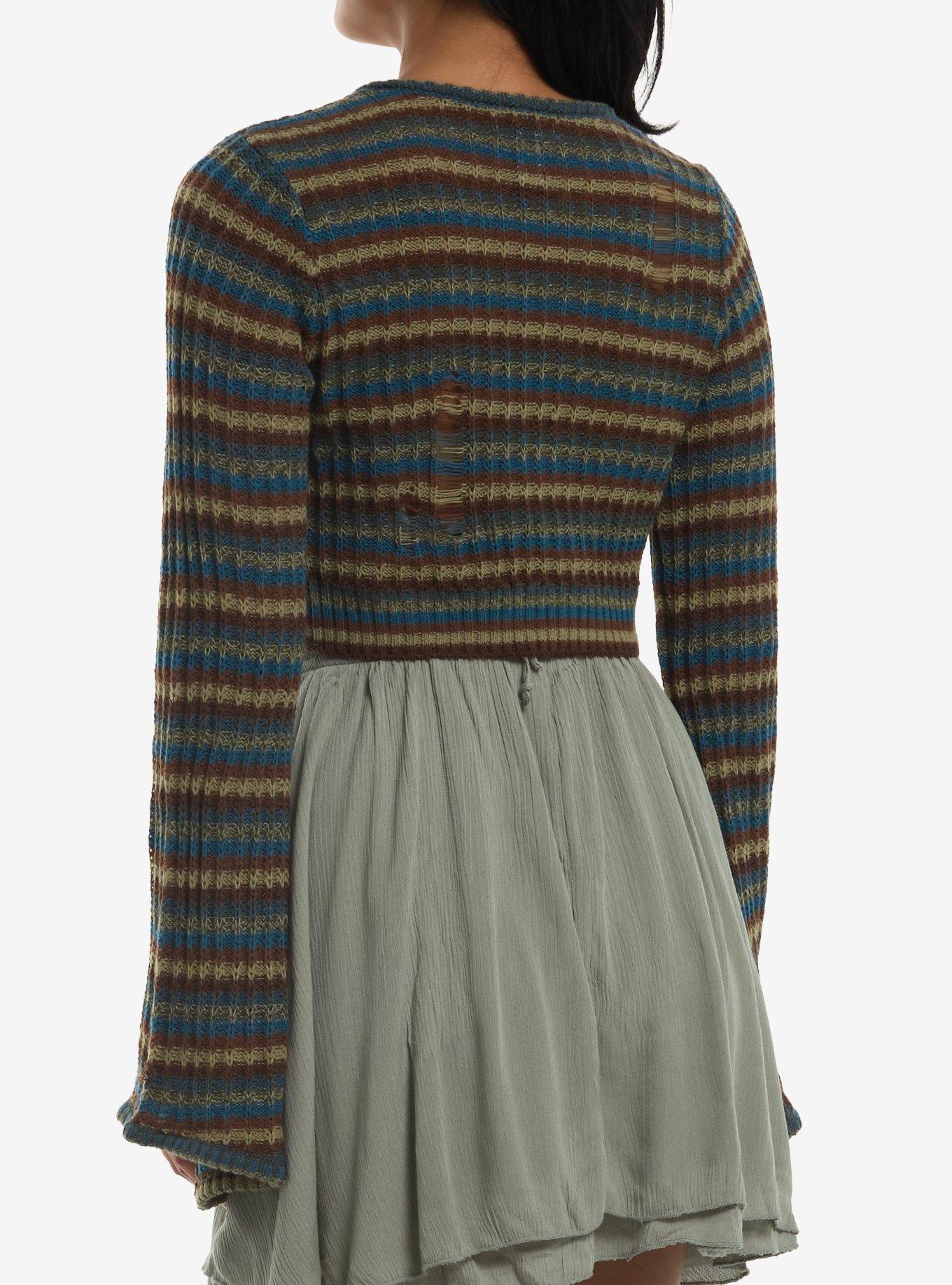 Thorn & Fable Green Blue & Brown Stripe Girls Knit Shrug, MULTI, alternate