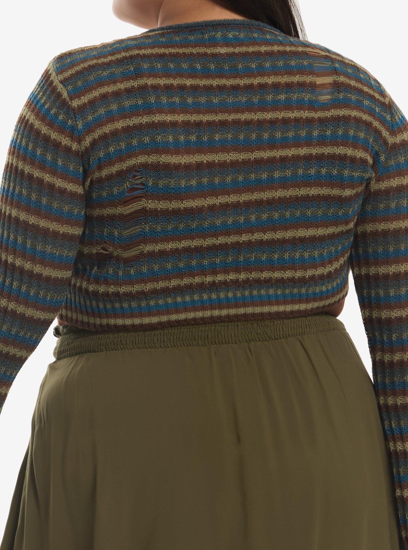 Thorn & Fable Green Blue & Brown Stripe Girls Knit Shrug Plus Size, MULTI, alternate