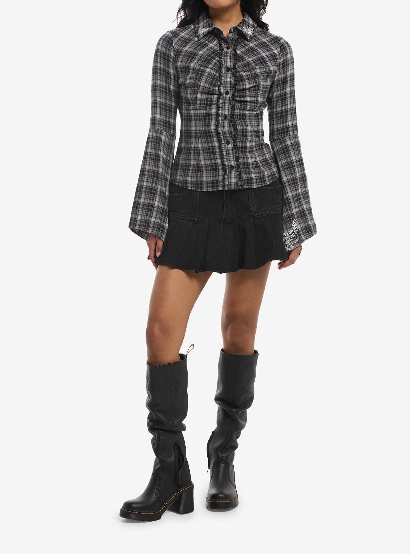 Cosmic Aura Black Plaid Floral Girls Long-Sleeve Woven Button-Up, , hi-res