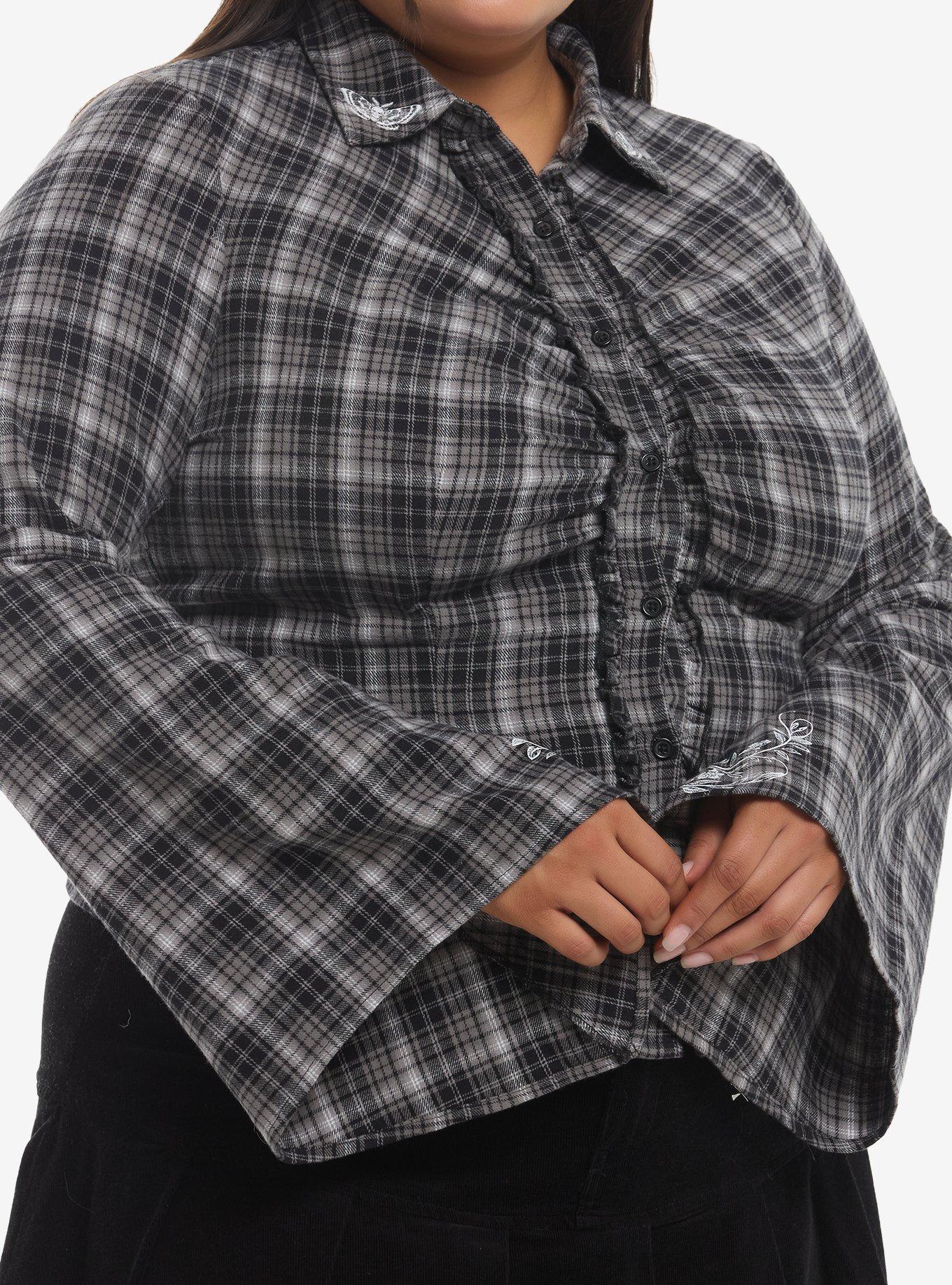 Cosmic Aura Black Plaid Floral Girls Long-Sleeve Woven Button-Up Plus Size, , hi-res