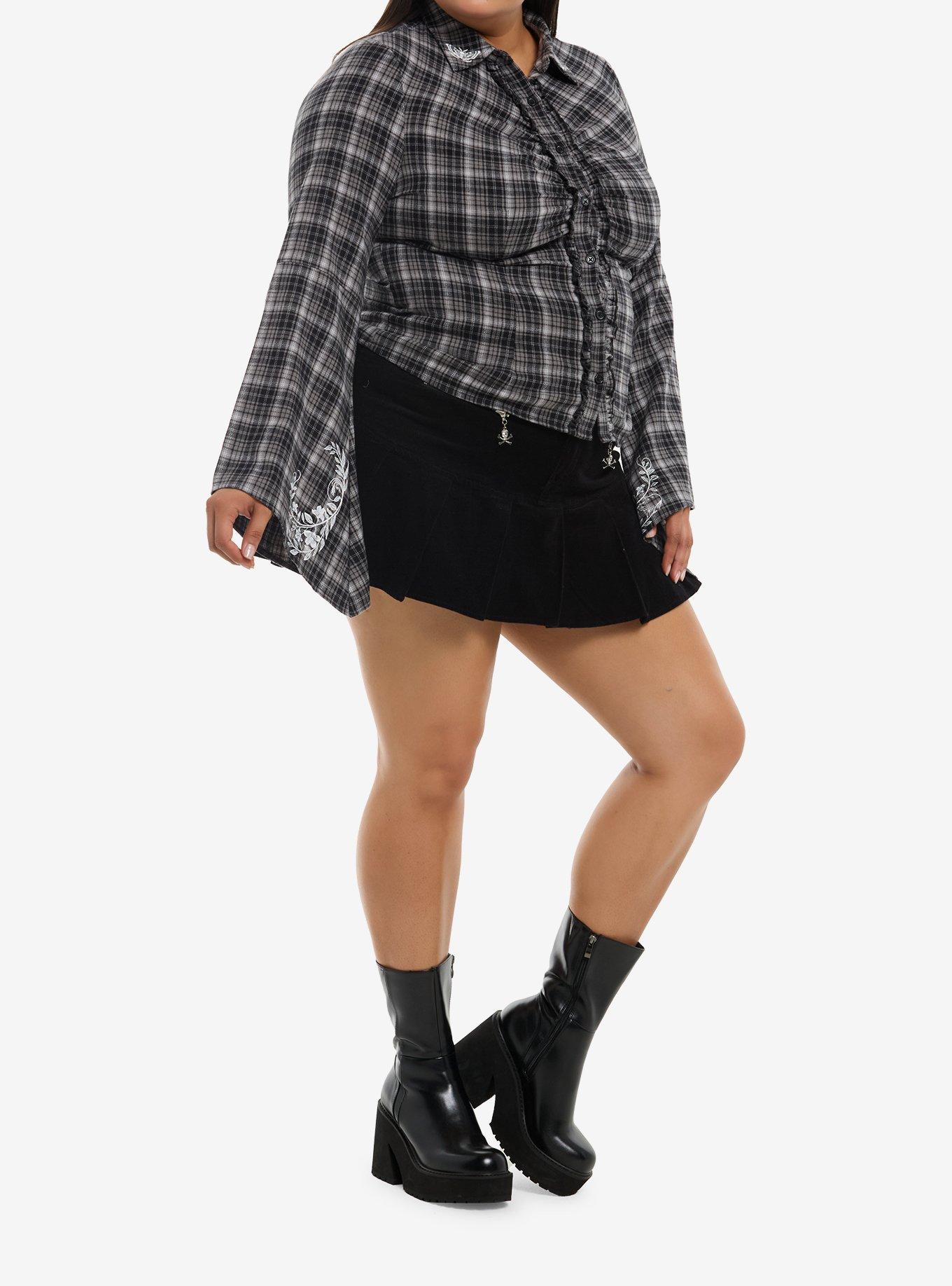 Cosmic Aura Black Plaid Floral Girls Long-Sleeve Woven Button-Up Plus Size, MULTI, alternate