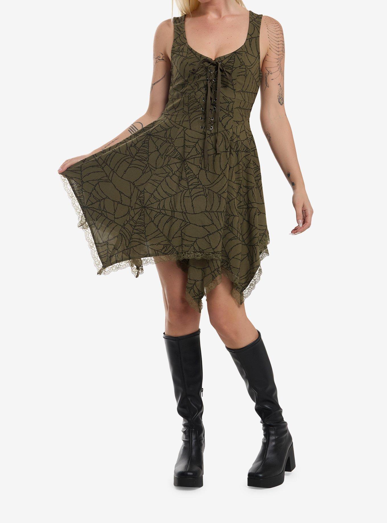 Cosmic Aura Green Chain Spiderweb Hanky Hem Dress, , hi-res