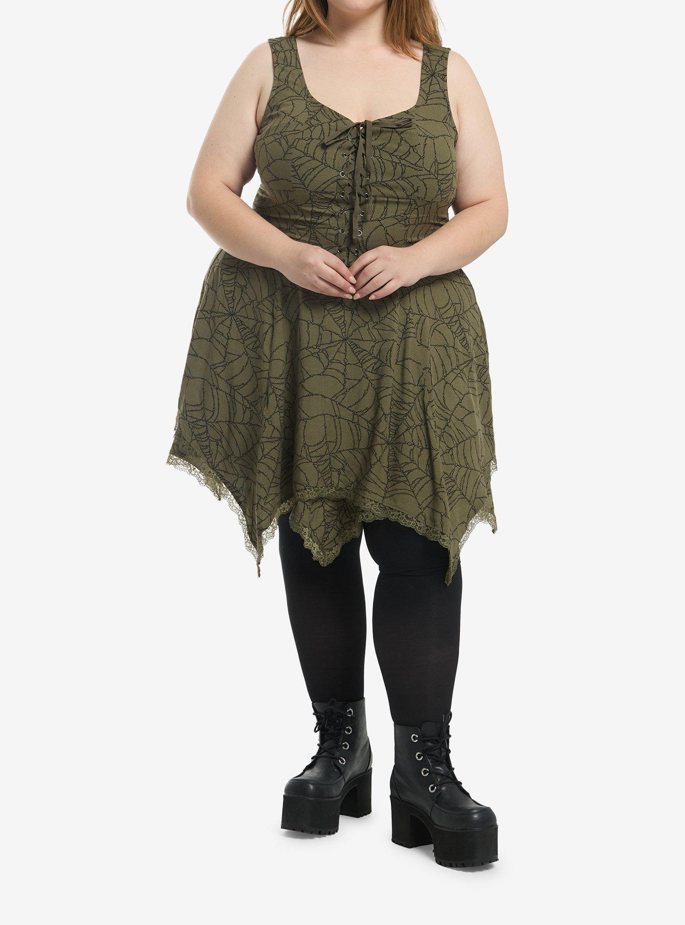 Cosmic Aura Green Chain Spiderweb Hanky Hem Dress Plus Size, , hi-res